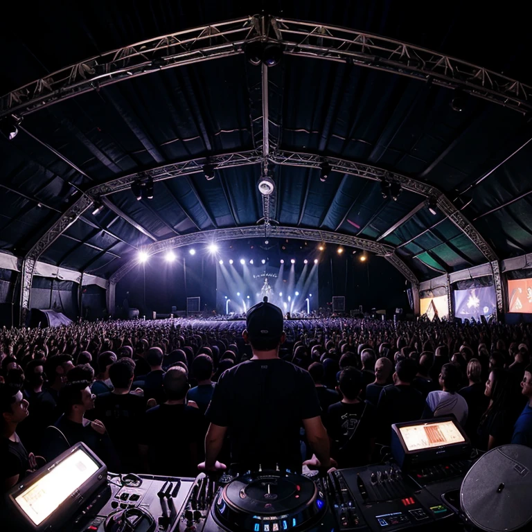 Large event with electronic music tent with a large audience, dj con camiseta llamada ELITE