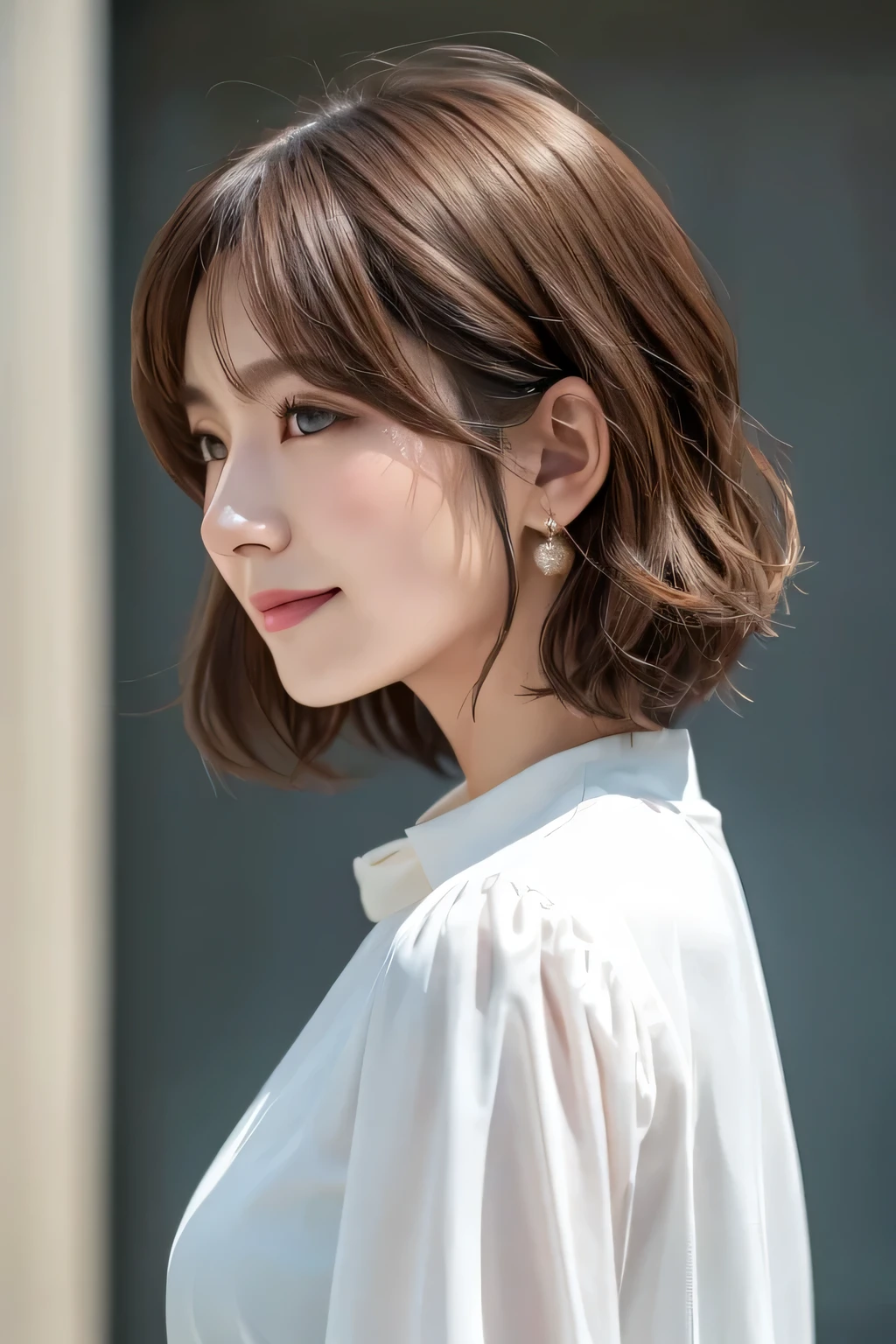 Bob, Chin-length hair, wavy Bobの長さの髪, Chiho, Shoulder-length hair, Shoulder-length hair, Light brown neat hair, Mid-length hair, Chie Yoshii's Style, Medium length hair, Light Brown Hair, 別れたLight Brown Hair,A refreshing long-sleeved white blouse for summer,masterpiece, highest quality, (Highly detailed CG Unity 8k wallpaper), (highest quality),Raw photo,超A high resolution、(Photorealistic:1.4)、Highly detailed and professionally lit smile、Super detailed face、、Golden Hour Lighting,Highly detailed CG Unity 8k,Her profile.Hair with details like in the photo、Hair like a live action,Concrete wall background,Expressionless woman,Dark Eyes