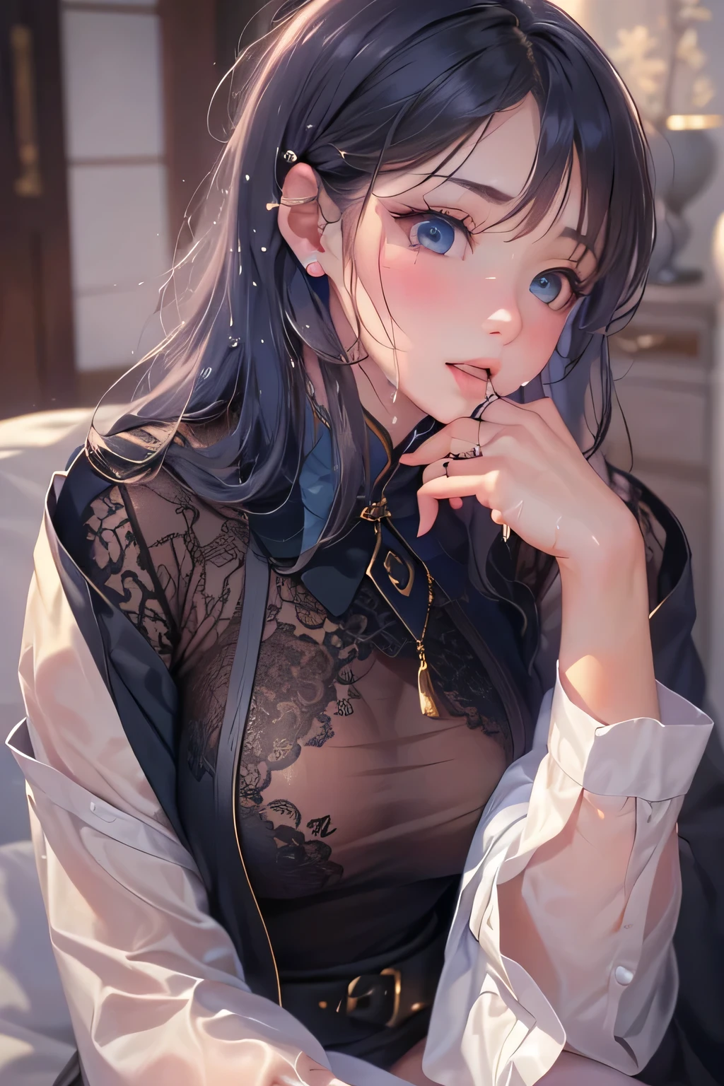 (Tabletop, Digital Art, digital illustration, 4K, 8k, Very detailed, Beautiful images, Clear images, Realistic, RAW Photos, Perfect Face, Perfect Lines, Perfect Blue Eyes, Soft lighting) woman1, (Long black hair,Straight hair,Bullish expression,beautiful woman,woman、Putting on makeup,23歳woman,Medium chest:1.3),Two handsome men in suits, (human,Humanity is in a suit,Muscular,Strong shoulder width, humanof,boyish hairstyle,English gentleman'style,Cool expression of 30s human sex,Bright smile of 28 years old human sex:1.2),bed room full of light、bed、Lace of nightgown、kissing、kiss、Couple、Couplekiss、Romance、Sex、Wet genitals、Overflowing、Full body paint,(One of the girls and one of the humans,have :1.5),(human, humanof,woman rubbing her genitals :1.2),blush、Breathless face、Embarrassing、boredom、Beggar、Unfortunately、Greedy Expressions,Wet genitals、 of、Please open your thighs wider.、Cowgirl、Exposed breasts、Wet shirt、Roll up of hem of your nightgown、