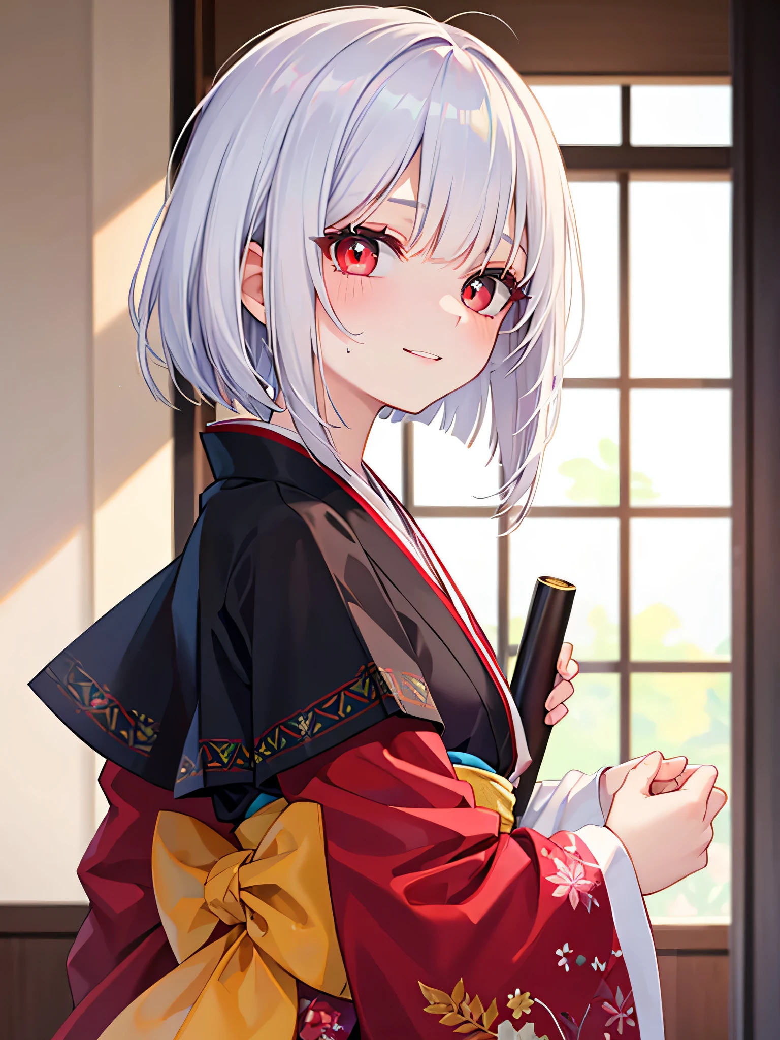 masterpiece, best quality, sweating, close upmasterpiece,best quality,8k wallpaper,1 girl,solo, flat chest, skinny, beautiful embroidery kimono,light smile,pale skin, pale skin shade, intricate white hair,red eyes,squinting eyes,empty eyes,no pupils, eyelashes,red eye liner,bob cut,intricate kanzashi, blunt bangs,Japanese ro, daytime, invitation,dynamic angle, from side, little smile