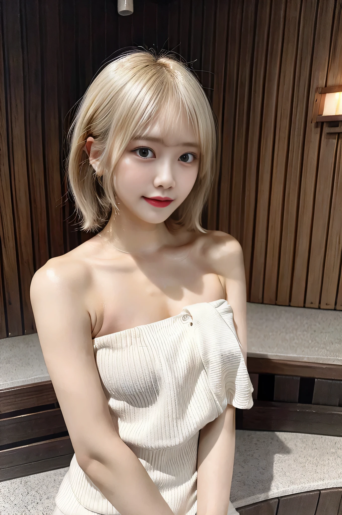 Completely naked、Blonde Bob Hair、Sweating、sauna