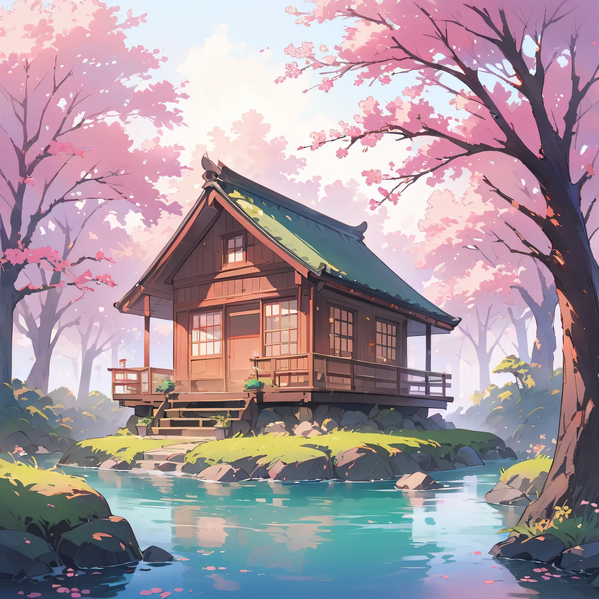 ((Tree house)), super wide shot, illustration, ((blue bonsai pot:1.4, green bonsai:1.1)),(mossy Japanese garden:1.2,(spring atmosphere) background peach color:1.4),((powerful bonsai with large spreading branches:1.3)), illuminated bonsai., cute  、blossom、(highest quality、masterpiece、High resolution、detailed)