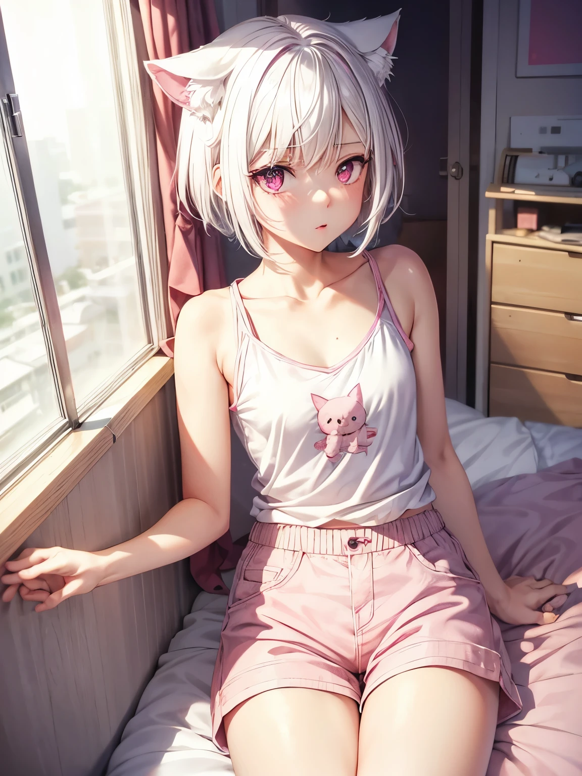 White hair. Short hair. anime girl. Pink eyes. Nekomimi. Pink tanktop. Short pants. 1girl. Bedroom.