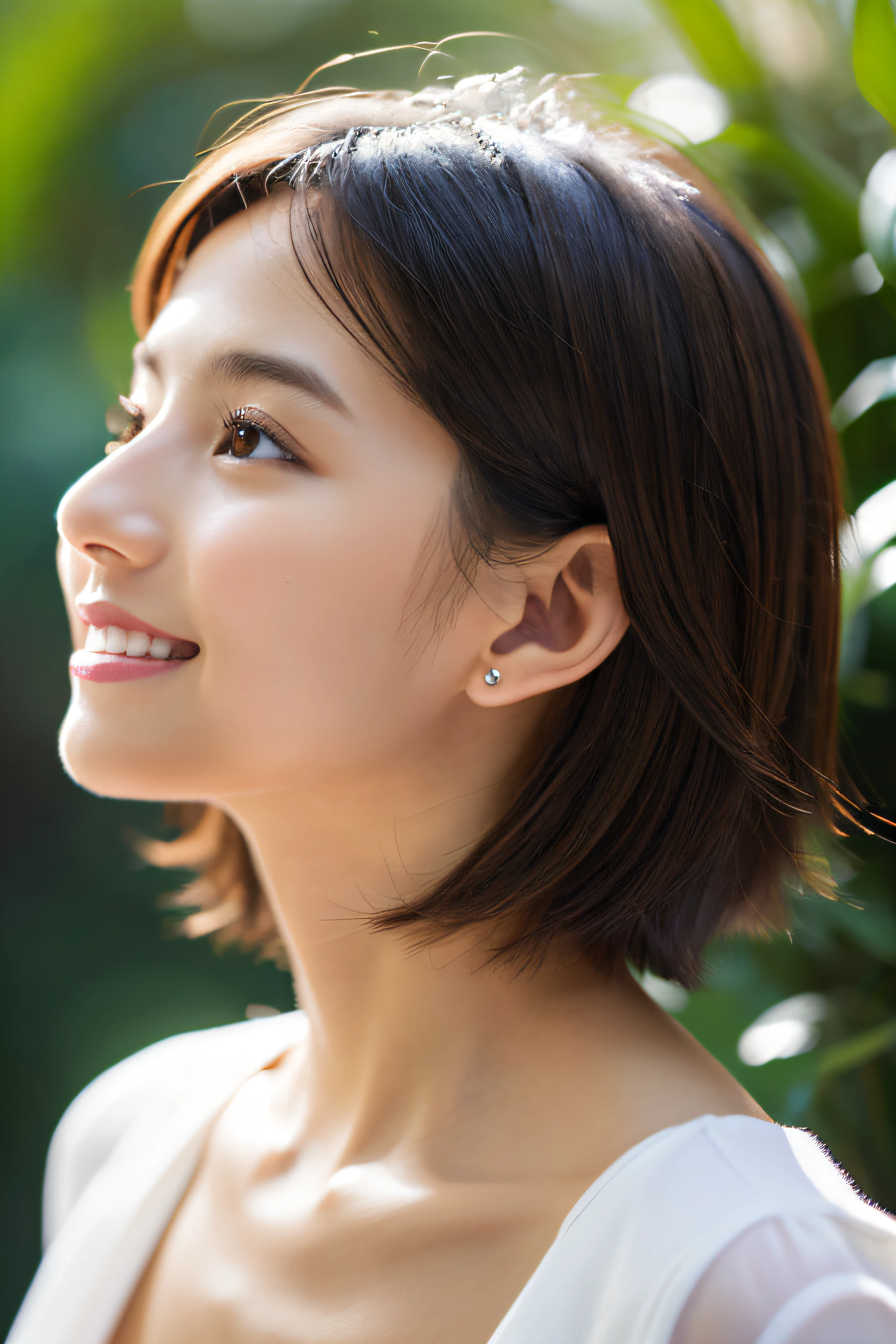 (8K, top-quality, masterpiece:1.3, Ultra-high resolution, Surrealism), High Detail, ((The face looks like real)), Photorealistic, original photo, ((A beautiful woman)), 27 years old, Delicate face, beautiful eyes, Realistic eyes, The eye details are exquisite, (Real skin), Beautiful Skin, Tempting, Depth of Field, high resolution, High pixel count, Clear details, Clear photos, Natural color reproduction, Noise Reduction, High fidelity, quality, Software updates, optimization, Luxury hotel room, Casual Clothes, Dress neatly, Perfect body, Face perfect, Perfect breasts, Perfect Teeth, Perfect teeth arrangement, tiny , Sexy lips, Ears are visible, Look away, Natural perspective, (Don't look the audience in the eye), a smile, Smile kindly, Beautiful Skin, Tempting, Golden Ratio, (Detail production:1.2), Professional lighting, brighten face, The best light, Japanese,Japanese Girls, Photo of a cute Japanese woman, Small necklace, Thin silver necklace, Simple background, (Side photo:1.2), Casual posture, Short hair swaying in the wind