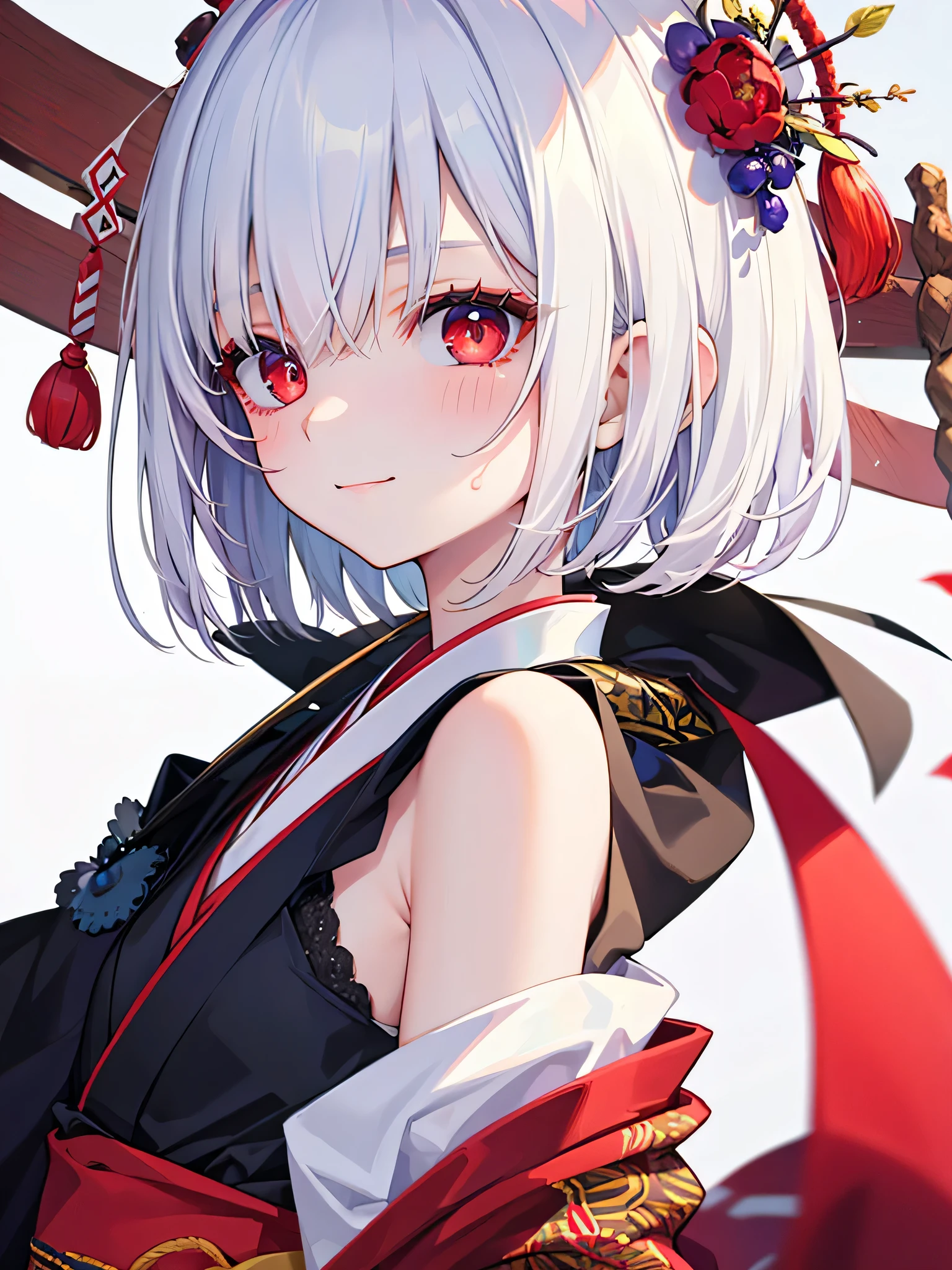 masterpiece, best quality, sweating, close upmasterpiece,best quality,8k wallpaper,1 girl,solo, flat chest, skinny, beautiful embroidery kimono,light smile,pale skin, pale skin shade, intricate white hair,red eyes,squinting eyes,empty eyes,no pupils, eyelashes,red eye liner,bob cut,intricate kanzashi, blunt bangs,Japanese ro, daytime, invitation,dynamic angle, from side, little smile