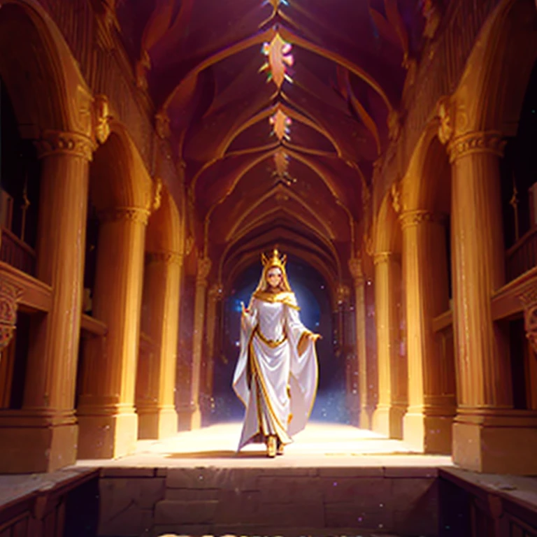 and female statues adorning the walls, their exquisite facemasks expressing serene and knowing smiles. Attire made of shimmering silks and golds covers their perfect forms, emphasizing their divine beauty and perfection. The castle's entrance features a magnificent gate, carved from a single piece of pearlescent crystal, and inscribed with ancient hymns of worship and reverence.
Beyond the gate, labyrinthine corridors lead to chambers filled with intricate tapestries, each depicting stories of heroism, love, and sacrifice. The halls are filled with the melodic whispers of angelic voices singing hymns of praise and gratitude,