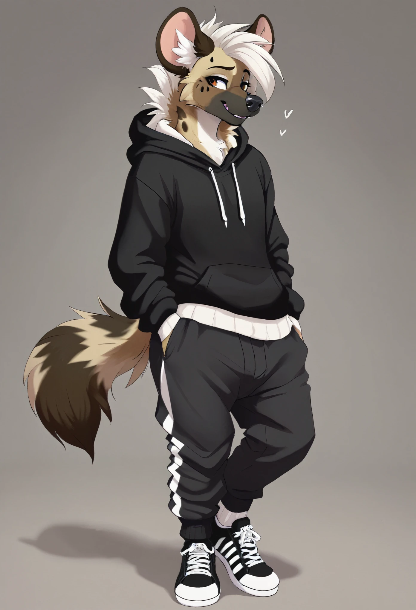 Generate a hyena fursona wearing a black hoodie, black sweat pants that go above his black shoes. Make his socks have a black and white horizontal stripe pattern. Also make him feminine.