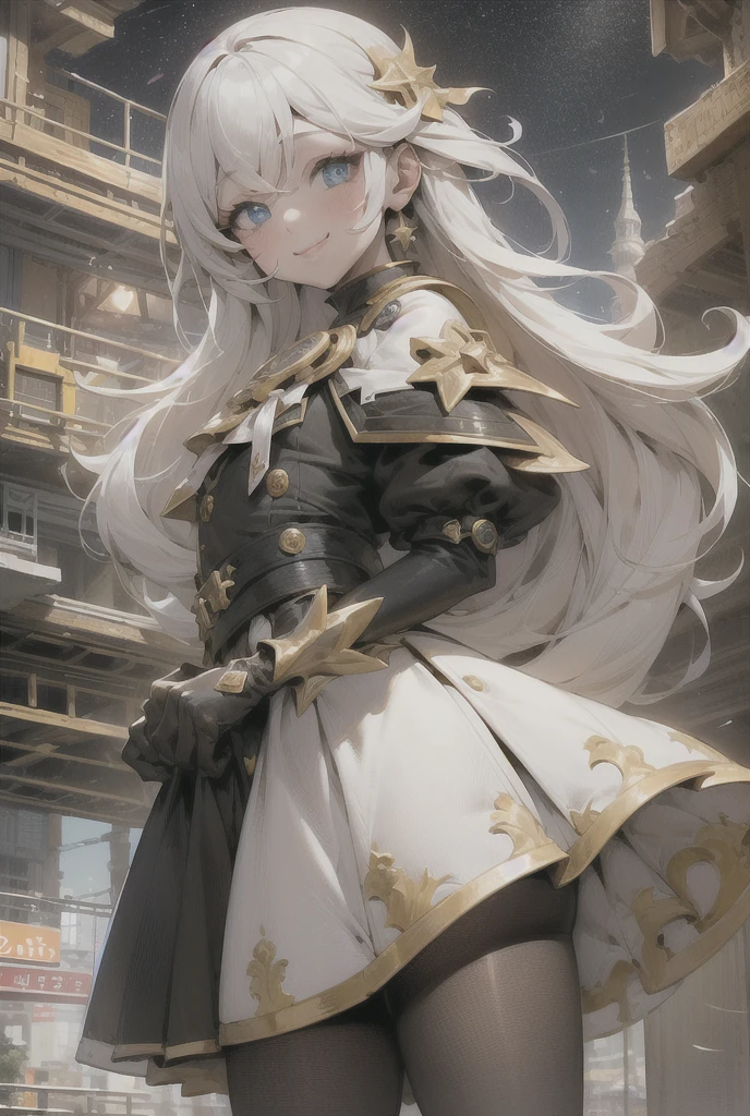 1 chica, solo, absurdos, mejor calidad, (cocky smile:1.2), pelo blanco, blue eyes, vestido sin mangas, adorno para el pelo, vestido negro, corto, cola de caballo lateral, pelo largo, al aire libre, nochetime, noche, Ciudad, estrellas, cielo estrellado, small breasts, pecho plano, guantes blancos, medias blancas, (manos en la cintura:1.2), (retrato, directo, Punto de vista, mirando al espectador, parte superior del cuerpo:1.3)