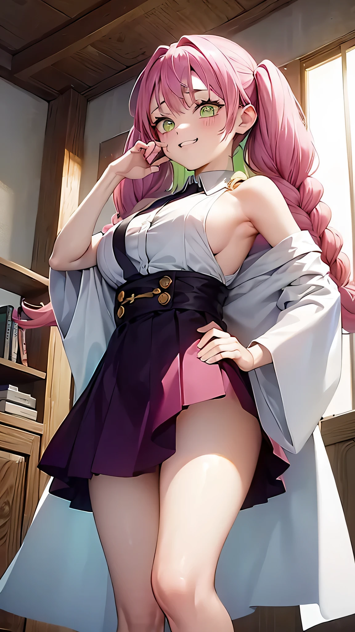 ((1girl))、masterpiece、Demon slayer、(kanroji mitsuri)、Pink Hair、Yellow-green hair、Braided twin tails、(Big Breasts)、(Plump thighs)、Very short skirt、((Angle from below))、evil grin、The button on the chest is undone、standing with legs apart、Hands on hips、Thigh close-up、from the front、((Angle from below))、At the dojo、Sweat、