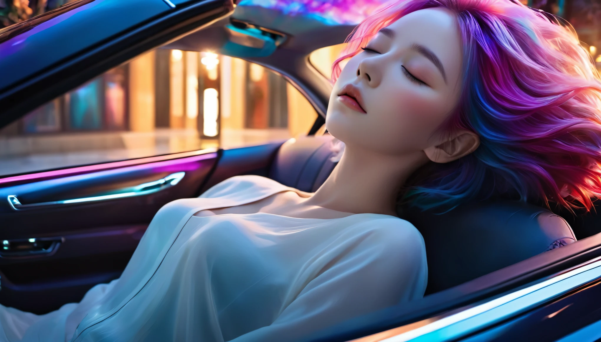 {{masterpiece}}, best quality, Extremely detailed CG unified 8k wallpaper, Movie Lighting,Minimalist style,Half-length photo, A woman was sleeping in a luxury car,Sleep with eyes closed,Car window behind, A quiet night. , Multi-colored hair, (Colorful hair:1.5),