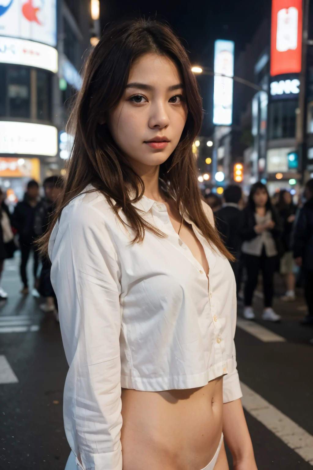 ((best quality)), ((Masterpiece)), (details), perfect face Korean female model with blonde hair Standing in a post in the middle of Shibuya at night.