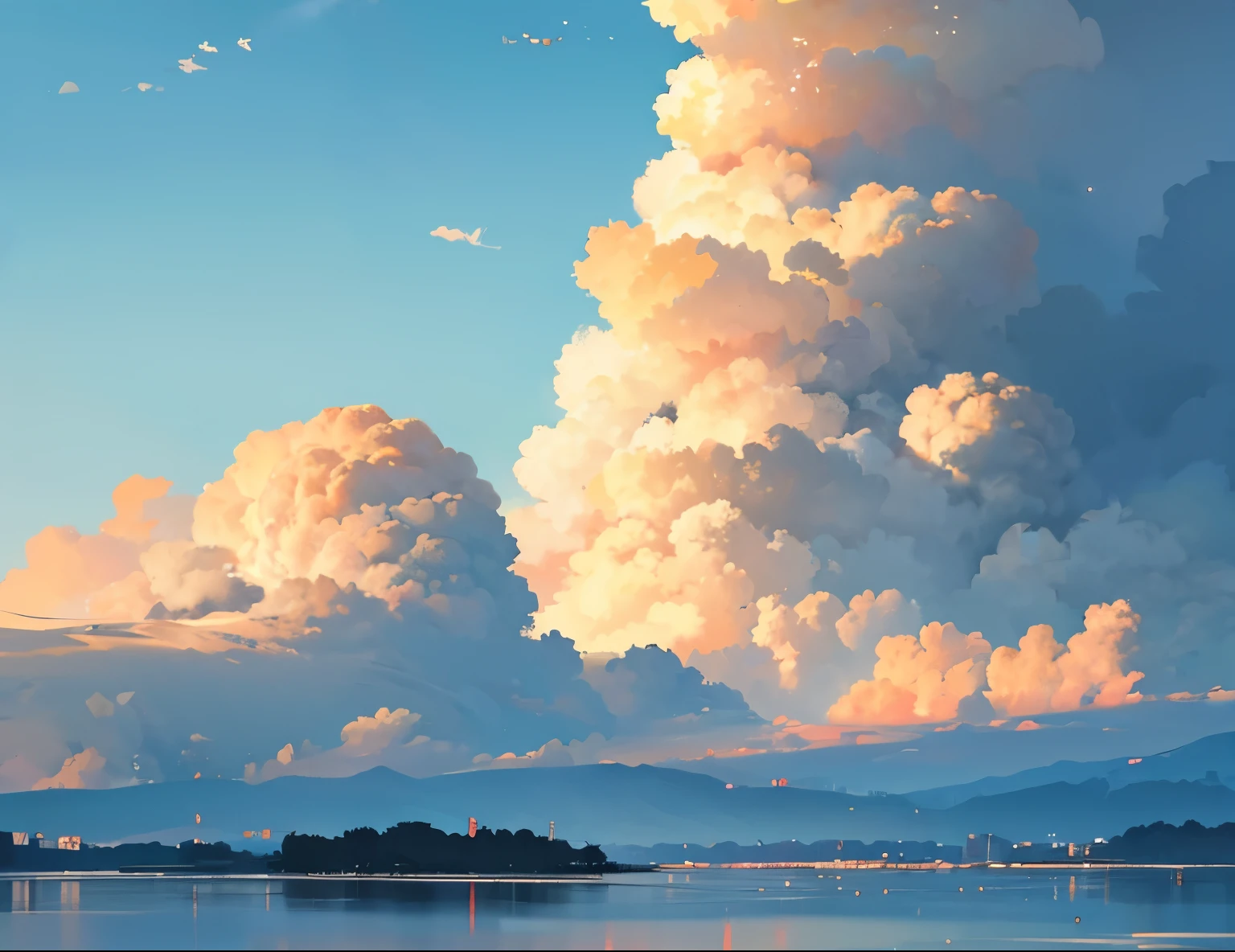 Landscape, water, (very detailed CG unity 8k wallpaper), the most beautiful artwork in the world, professional majestic oil painting, intricate, high detail, clear focus, dramatic, realistic painting art, blue sky.