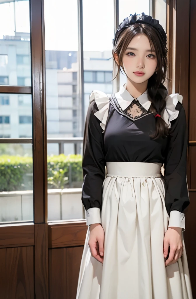 1 Girl、Long skirt maid outfit、、Idol-level cuteness、black hair braid、Embarrassed look、