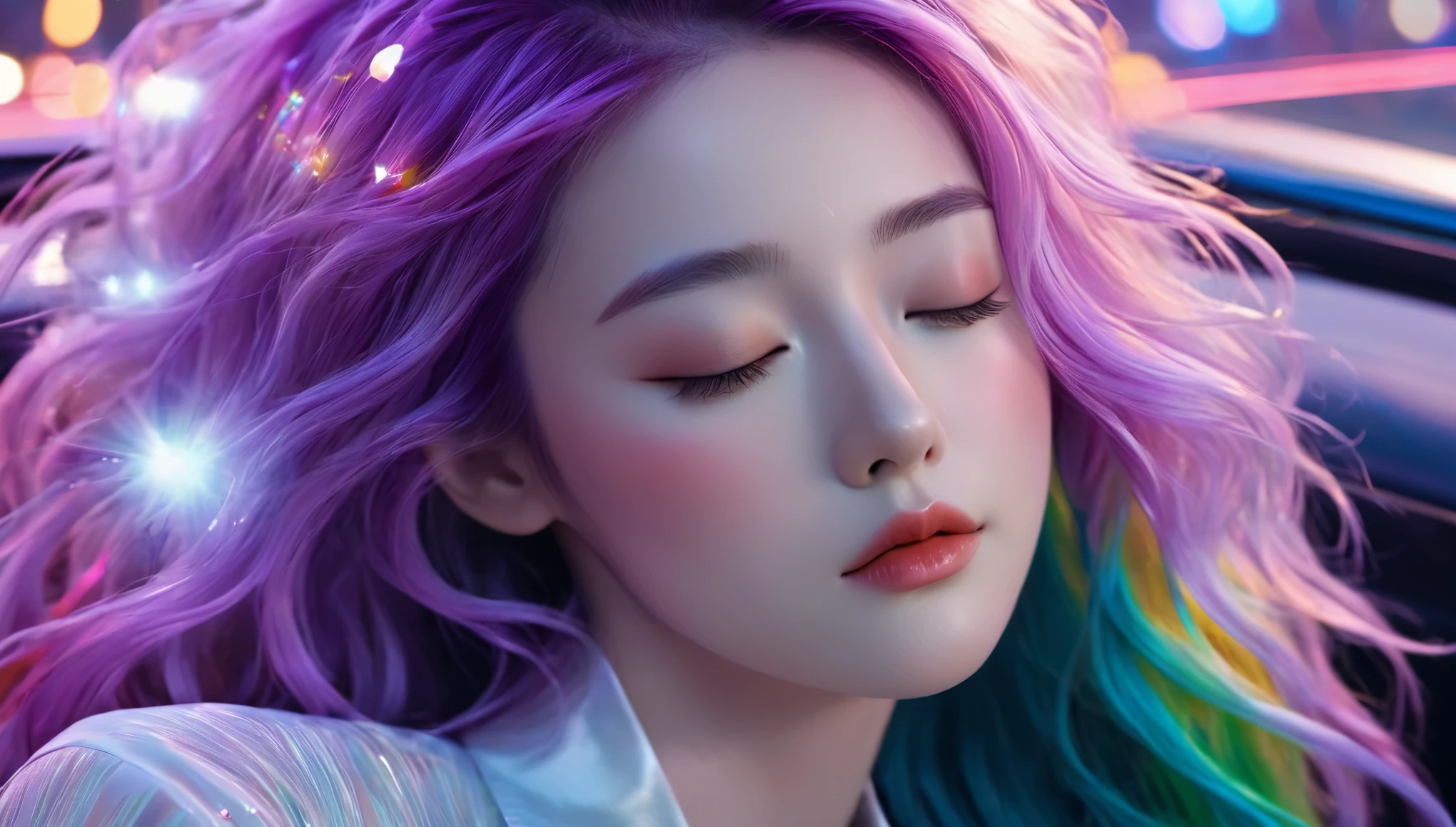 {{masterpiece}}, best quality, Extremely detailed CG unified 8k wallpaper, Movie Lighting,Minimalist style, A woman was sleeping in a luxury car,Sleep with eyes closed,Car window behind, A quiet night. , Multi-colored hair, (Colorful hair:1.5),