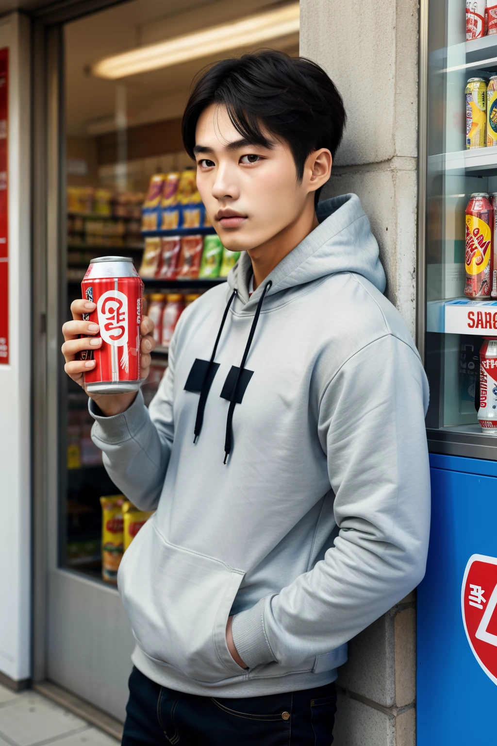 ((best quality)), ((Masterpiece)), (details), A perfect face, a young Korean male model in a hoodie, leaning against the wall in front of a convenience store. Ready to hold a can of soft drink to drink. 