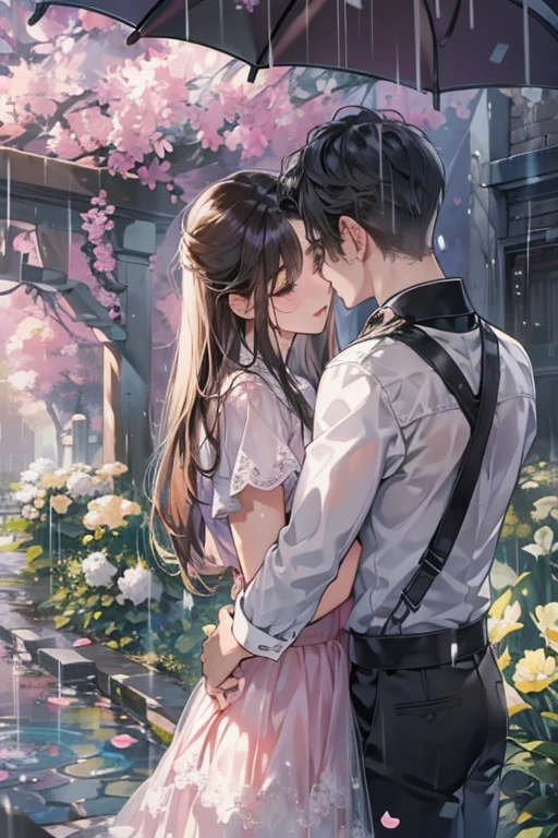 (1.5 SD male and womale, A romantic and sweet encounter, Height difference, light hair color and dark hair color, kiss, rain, garden, Sharp details, high quality),
2 people, 一人のmaleと一人の女, with a Height difference, Come join me for a tender and romantic momalet. male'Hair color is light, woman'Medium chest,Hair is black. They find themselves under the gentle patter of rain, Water droplets glitter on your face. 彼女の唇が彼の唇と情熱的なkissを交わす, Their faces were filled with love and longing.... The view is blue々としたgardenの美しさに囲まれています, Wet ground in the background、The petals are clearly visible