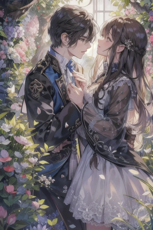 (1.5 SD male and womale, A romantic and sweet encounter, Height difference, light hair color and dark hair color, kiss, rain, garden, Sharp details, high quality),
2 people, 一人のmaleと一人の女, with a Height difference, Come join me for a tender and romantic momalet. male&#39;Hair color is light, woman&#39;Medium chest,Hair is black. They find themselves under the gentle patter of rain, Water droplets glitter on your face. 彼女の唇が彼の唇と情熱的なkissを交わす, Their faces were filled with love and longing.... The view is blue々としたgardenの美しさに囲まれています, Wet ground in the background、The petals are clearly visible