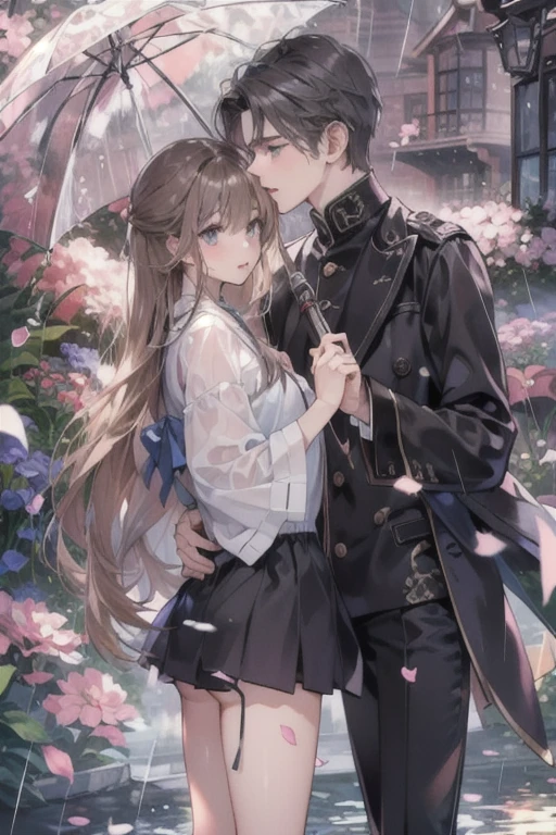 (1.5 SD male and womale, A romantic and sweet encounter, Height difference, light hair color and dark hair color, kiss, rain, garden, Sharp details, high quality),
2 people, 一人のmaleと一人の女, with a Height difference, Come join me for a tender and romantic momalet. male&#39;Hair color is light, woman&#39;Medium chest,Hair is black. They find themselves under the gentle patter of rain, Water droplets glitter on your face. 彼女の唇が彼の唇と情熱的なkissを交わす, Their faces were filled with love and longing.... The view is blue々としたgardenの美しさに囲まれています, Wet ground in the background、The petals are clearly visible