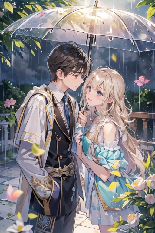 (1.5 SD male and womale, A romantic and sweet encounter, Height difference, light hair color and dark hair color, kiss, rain, garden, Sharp details, high quality),
2 people, 一人のmaleと一人の女, with a Height difference, Come join me for a tender and romantic momalet. male&#39;Hair color is light, woman&#39;Medium chest,Hair is black. They find themselves under the gentle patter of rain, Water droplets glitter on your face. 彼女の唇が彼の唇と情熱的なkissを交わす, Their faces were filled with love and longing.... The view is blue々としたgardenの美しさに囲まれています, Wet ground in the background、The petals are clearly visible