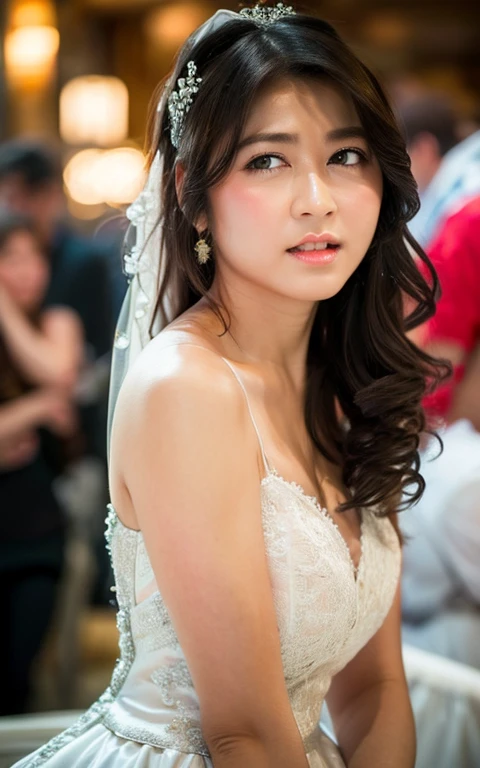 Highly detailed CG Unity 8k wallpaper, top quality, super detailed, masterpiece, realistic, photorealistic, highly detailed cute girl, (25 years old), blush, round eyes, medium breasts, semi-body shot, white sexy wedding dress, kneeling