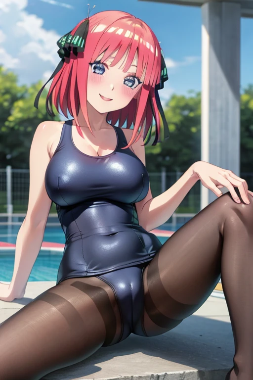 best quality, ultra-detailed masterpiece, anime art style, cute characters, nino nakano, one-piece swimsuit, large breasts, pantyhose, blush, smile, open legs