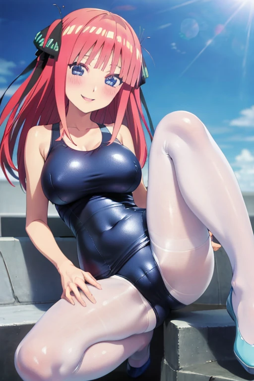 best quality, ultra-detailed masterpiece, anime art style, cute characters, nino nakano, one-piece swimsuit, large breasts, pantyhose, blush, smile, open legs