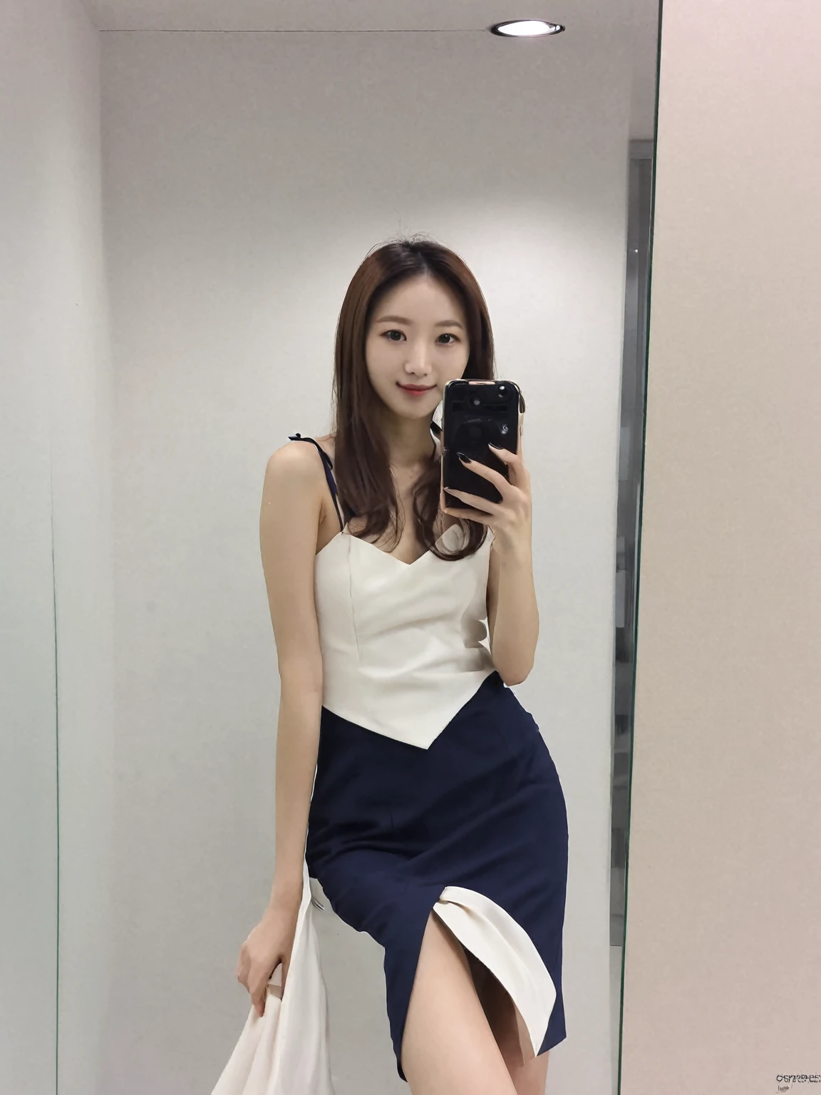 Camisole dress Japanese office lady taking a selfie