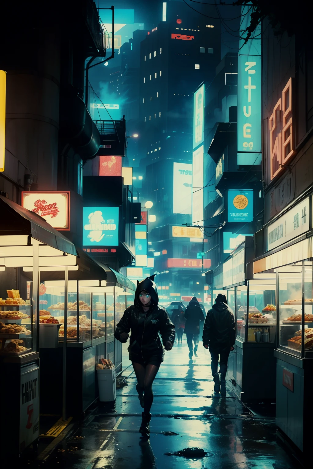 ((highest quality)), ((masterpiece)), (be familiar with), (High definition), (Accurate), (Realistic), (Cinematic), (Best Shadow), (Low contrast), (8K), Perfect Face, ((SYD MEAD style)), manga、mangaデザイン、Storyboard、Frame division、(Action Scenes), ((One of the female Replicants is running away))、((Replicant, Black Hair, very short hair, Blue Eyes)), (Black hooded raincoat)、((Walking through the food stalls))、Glittering neon signs、congestion, congestion, Decadent Future City, NEO TOKYO, A.D.2051, (steam:1.2), It's raining white, evening, Bust Shot
