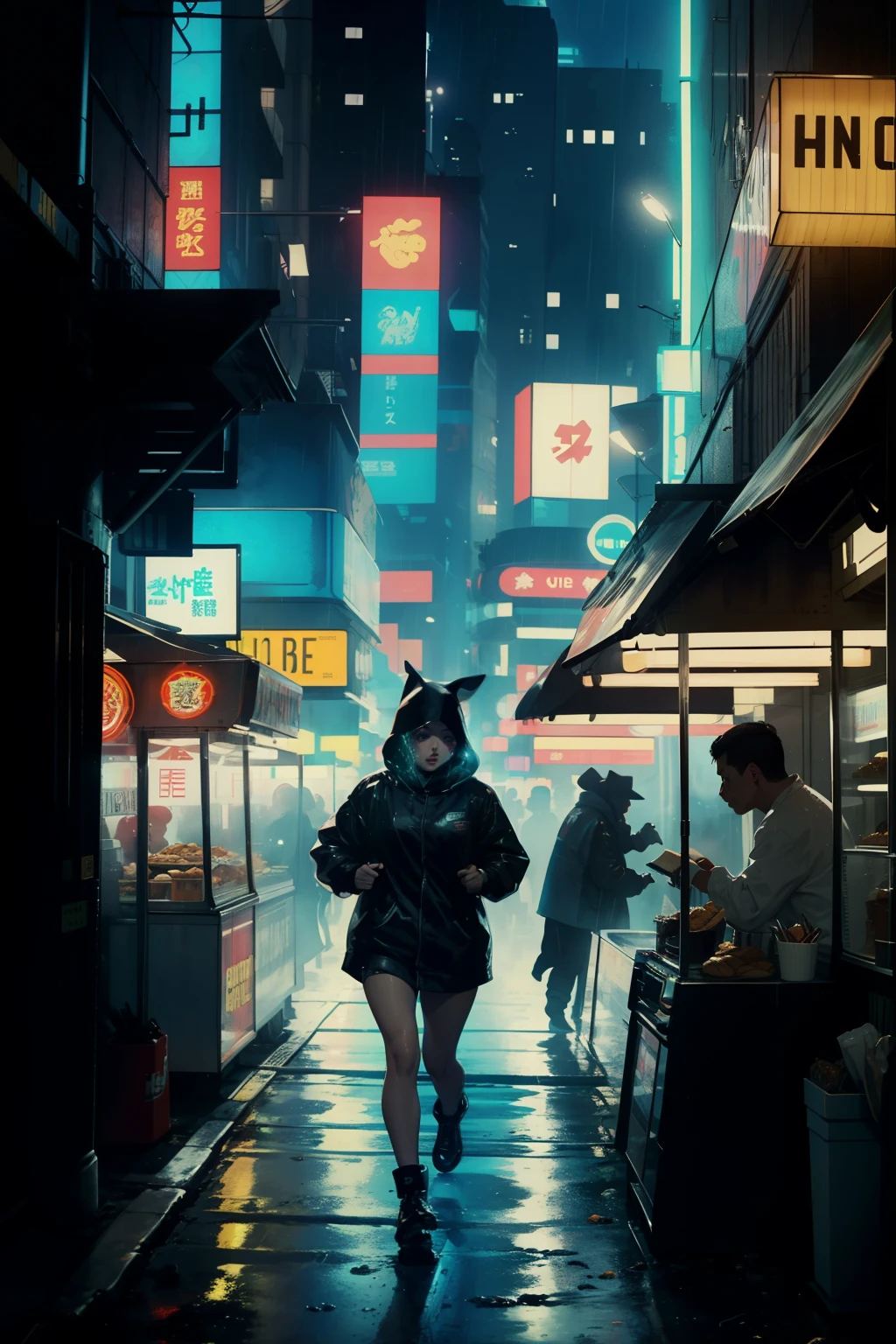 ((highest quality)), ((masterpiece)), (be familiar with), (High definition), (Accurate), (Realistic), (Cinematic), (Best Shadow), (Low contrast), (8K), Perfect Face, ((SYD MEAD style)), manga、mangaデザイン、Storyboard、Frame division、(Action Scenes), ((One of the female Replicants is running away))、((Replicant, Black Hair, very short hair, Blue Eyes)), (Black hooded raincoat)、((Walking through the food stalls))、Glittering neon signs、congestion, congestion, Decadent Future City, NEO TOKYO, A.D.2051, (steam:1.2), It's raining white, evening, Bust Shot