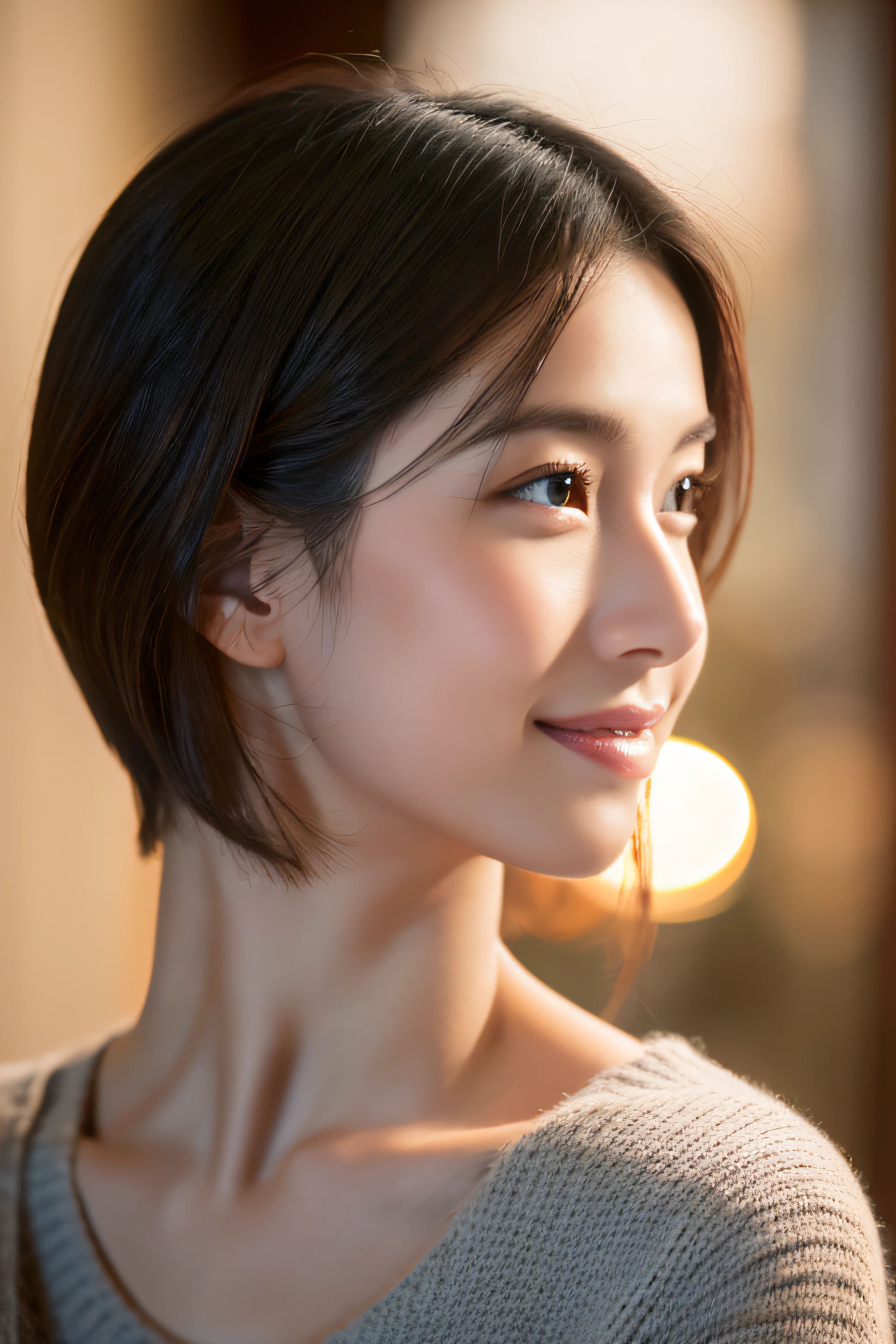 (8K, top-quality, masterpiece:1.3, Ultra-high resolution, Surrealism), High Detail, ((The face looks like real)), Photorealistic, original photo, ((A beautiful woman)), 27 years old, Delicate face, beautiful eyes, Realistic eyes, The eye details are exquisite, (Real skin), Beautiful Skin, Tempting, Depth of Field, high resolution, High pixel count, Clear details, Clear photos, Natural color reproduction, Noise Reduction, High fidelity, quality, Software updates, optimization, Luxury hotel room, Casual Clothes, sweater, Perfect body, Face perfect, Perfect breasts, Perfect Teeth, Perfect teeth arrangement, tiny , Sexy lips, Ears are visible, Look away, Natural perspective, (Don't look the audience in the eye), a smile, Smile kindly, Beautiful Skin, Tempting, Golden Ratio, (Detail production:1.2), Professional lighting, brighten face, The best light, Japanese,Japanese Girls, Photo of a cute Japanese woman, Small necklace, Thin silver necklace, Simple background, (Side photo:1.2), Casual posture, Short hair swaying in the wind