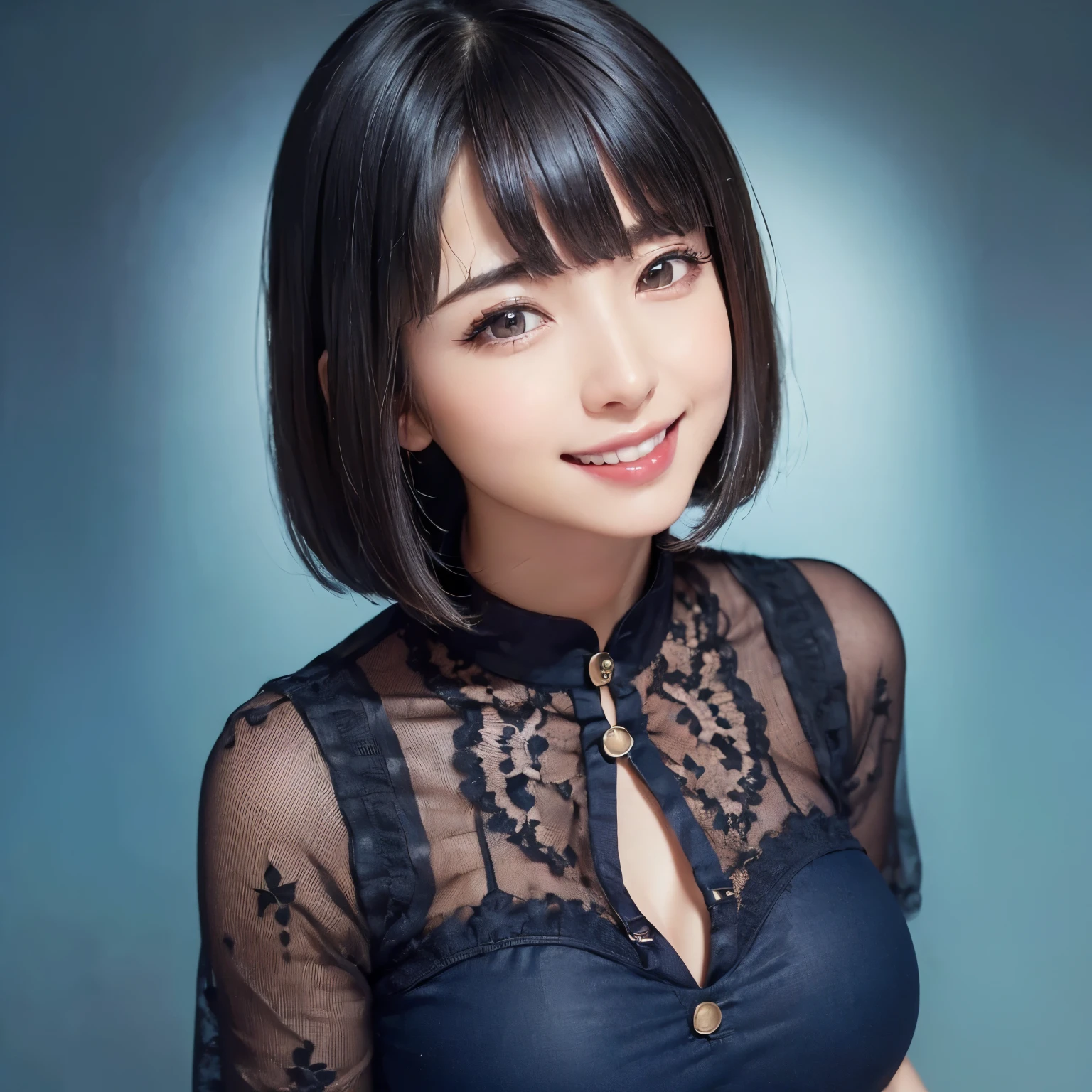 (masterpiece, highest quality、software:1.8), ((1 female:1.6)), Realistic, Realistic, Looking at the audience, lips, bangs, Mouth closed,happy smile、 Upper Body、Big eyes、eyelash、((very simple dark blue background:2、Beautiful face in symmetry))、(((short hair with bangs、Big eyes、big and full breasts、Looking at the audience、Beautiful beauty、smile、please close your mouth and smile)))、Ideal body type