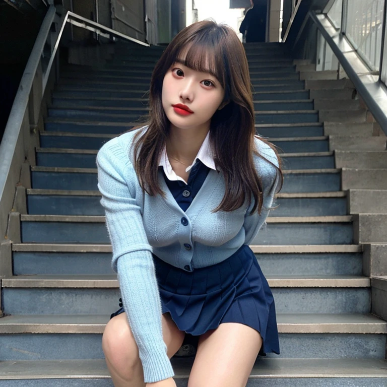 (masterpiece:1.2, top quality), (realistic, photorealistic:1.4), beautiful picture, (natural side lighting, movie lights), ((from behind, ((from below)), looking again)), 2 girls, Japanese, High school girls, perfect face, cute and symmetrical face, glowing skin, (medium hair:1.8, straight hair:1.7, brown hair), asymmetrical bangs, (big bust:1.1, thick thighs), beautiful hair, beautiful face, beautiful and delicate eyes, beautiful collarbone, beautiful body, beautiful breasts, beautiful thighs, beautiful bridge, ((light blue collared shirt, Navy pleated mini skirt, socks, navy that, light brown cardigan, white thighs)), dinner, 학교 stairs, ((Ahegao, embarrassing, scary, dehisce)), stairs