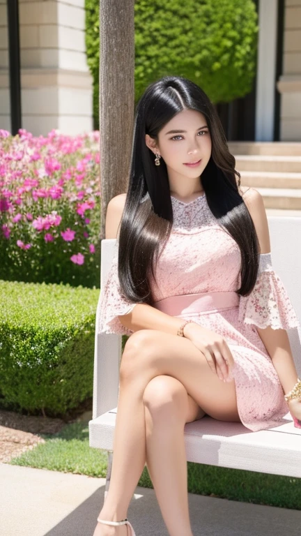 A girl with long black hair wearing a realistic pink lace dress is sitting gracefully. She has beautiful, detailed eyes and lips, complimenting her flawless complexion. She holds a delicate handbag in her hand, and her attire is adorned with elegant jewelry, including sparkling earrings. The girl is looking directly at the viewer with confidence and charm. In her lap, she holds a single rose, adding a touch of romance to the scene. Her outfit is completed with a pair of stylish sandals. The overall image quality is of the best quality, with ultra-detailed features and a photorealistic rendering. The color palette exudes vividness and warmth, enhancing the visual experience. The lighting is carefully designed to illuminate the girl's face and bring out the intricate details.