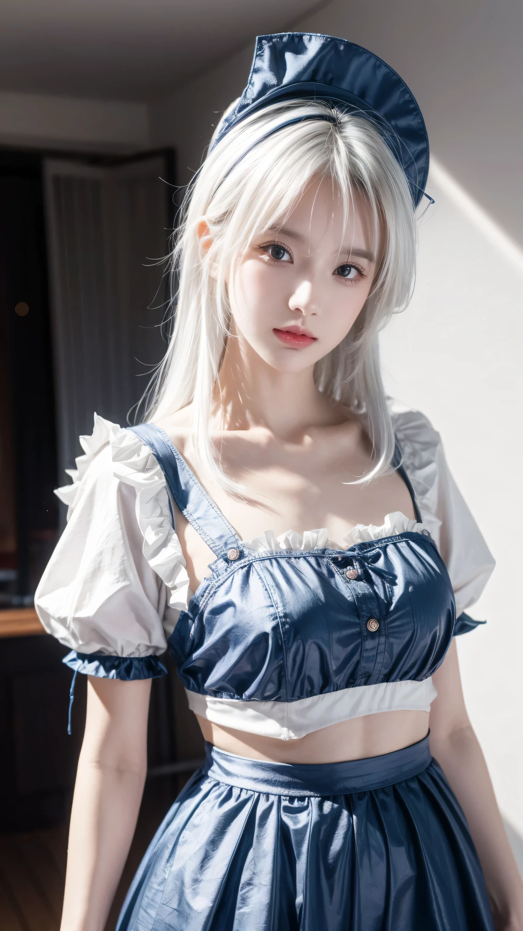 ((16 Night Sakiya)), ((Touhou Project)), role play, 20-year-old female, (((White hair)), ((#1: Medium Length Spiked Hair)), ((Blue maid outfit)), ((White shirt)), Mid-chest, (Light)))), (posture))), (Realistic photos: 1.3), rim Lighting, (High Detail Skin:1.2), 8k UHD, DSLR camera, high quality, high resolution, 4K, 8k, Bokeh, absurd, The best ratio of four fingers and a thumb, (real:1.3), The cutest girl, A lot of knives