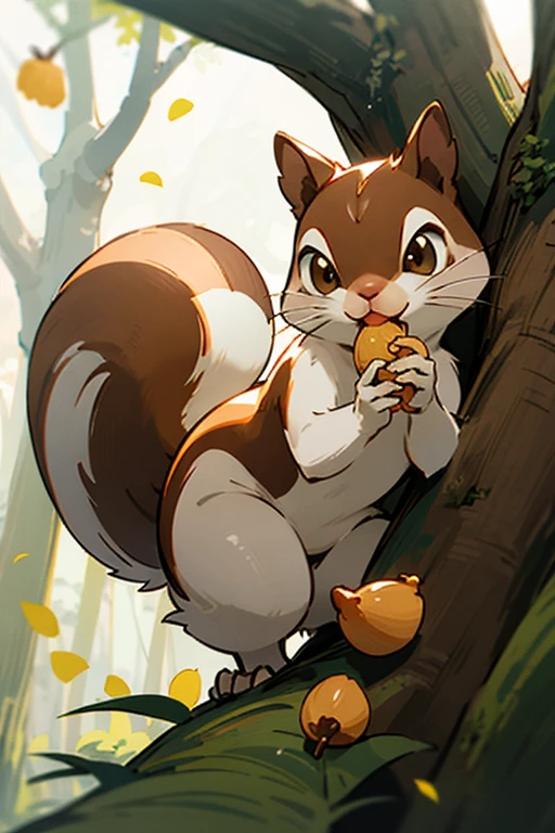 A cute squirrel character eating acorns in the forest
