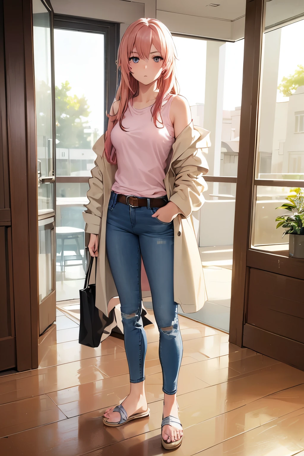 (8K, top-quality, masterpiece:1.2), (anime style:1.3), (super detail), (one girl), (highly detailed), (beautifully detailed eyes), (of the highest quality), (super detailed), (masterpiece), (detailed face), (20yr old), (pink hair, long hair:1.5), (medium breasts), (clothed), (perfect lighting), BREAK, (casual chic:1.2), (neutral palette:1.3), (beige accent:1.2), (soft denim:1.4), (linen material:1.3), (oversized shirt jacket:1.5), (white tank top:1.2), (loose crewneck tee:1.3), (relaxed fit jeans:1.5), (wide-leg linen pants:1.2), (rolled-up sleeves:1.1), (patch pockets:1.1), (button-down details:1.1), (ankle socks:1.0), (slip-on sneakers:1.2), (flat sandals:1.2), (minimalist silver jewelry:1.3), (simple leather belt:1.2), (casual setting:1.4), (urban cafe or boutique interior:1.3), (soft natural lighting:1.2), BRAKE
