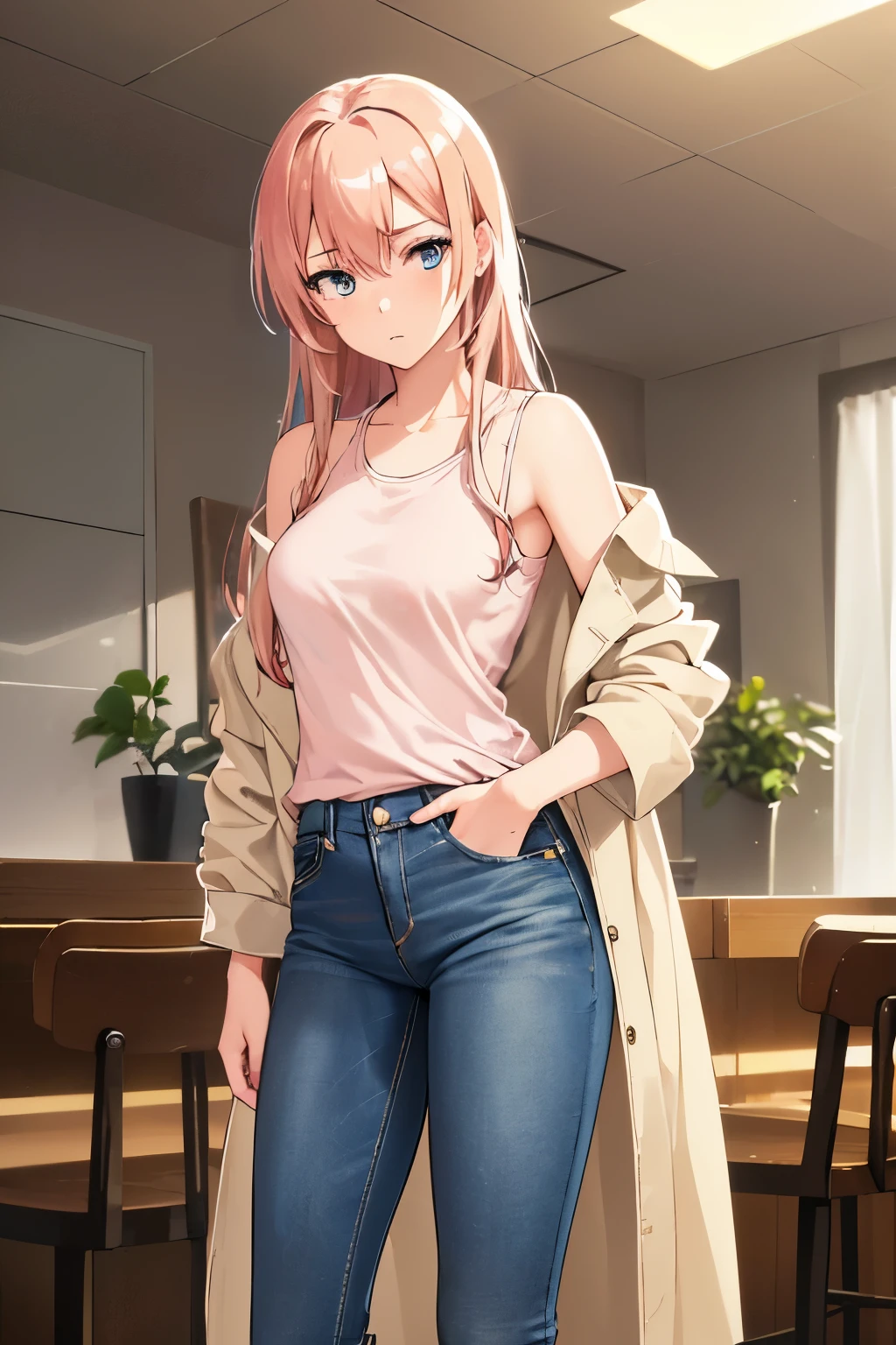 (8K, top-quality, masterpiece:1.2), (anime style:1.3), (super detail), (one girl), (highly detailed), (beautifully detailed eyes), (of the highest quality), (super detailed), (masterpiece), (detailed face), (20yr old), (pink hair, long hair:1.5), (medium breasts), (clothed), (perfect lighting), BREAK, (casual chic:1.2), (neutral palette:1.3), (beige accent:1.2), (soft denim:1.4), (linen material:1.3), (oversized shirt jacket:1.5), (white tank top:1.2), (loose crewneck tee:1.3), (relaxed fit jeans:1.5), (wide-leg linen pants:1.2), (rolled-up sleeves:1.1), (patch pockets:1.1), (button-down details:1.1), (ankle socks:1.0), (slip-on sneakers:1.2), (flat sandals:1.2), (minimalist silver jewelry:1.3), (simple leather belt:1.2), (casual setting:1.4), (urban cafe or boutique interior:1.3), (soft natural lighting:1.2), BRAKE