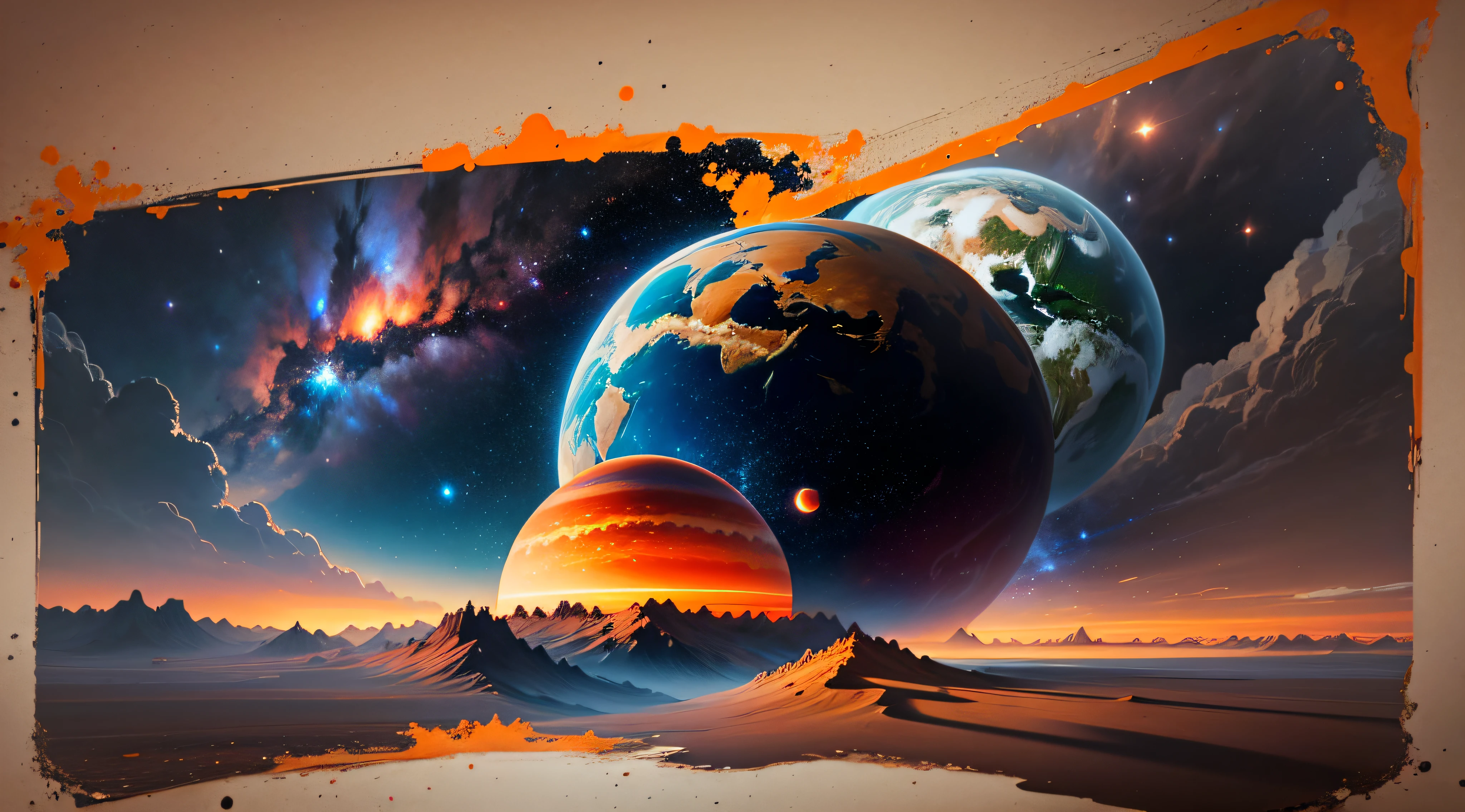 View of Space, Far Away Planets, Orange and Blue