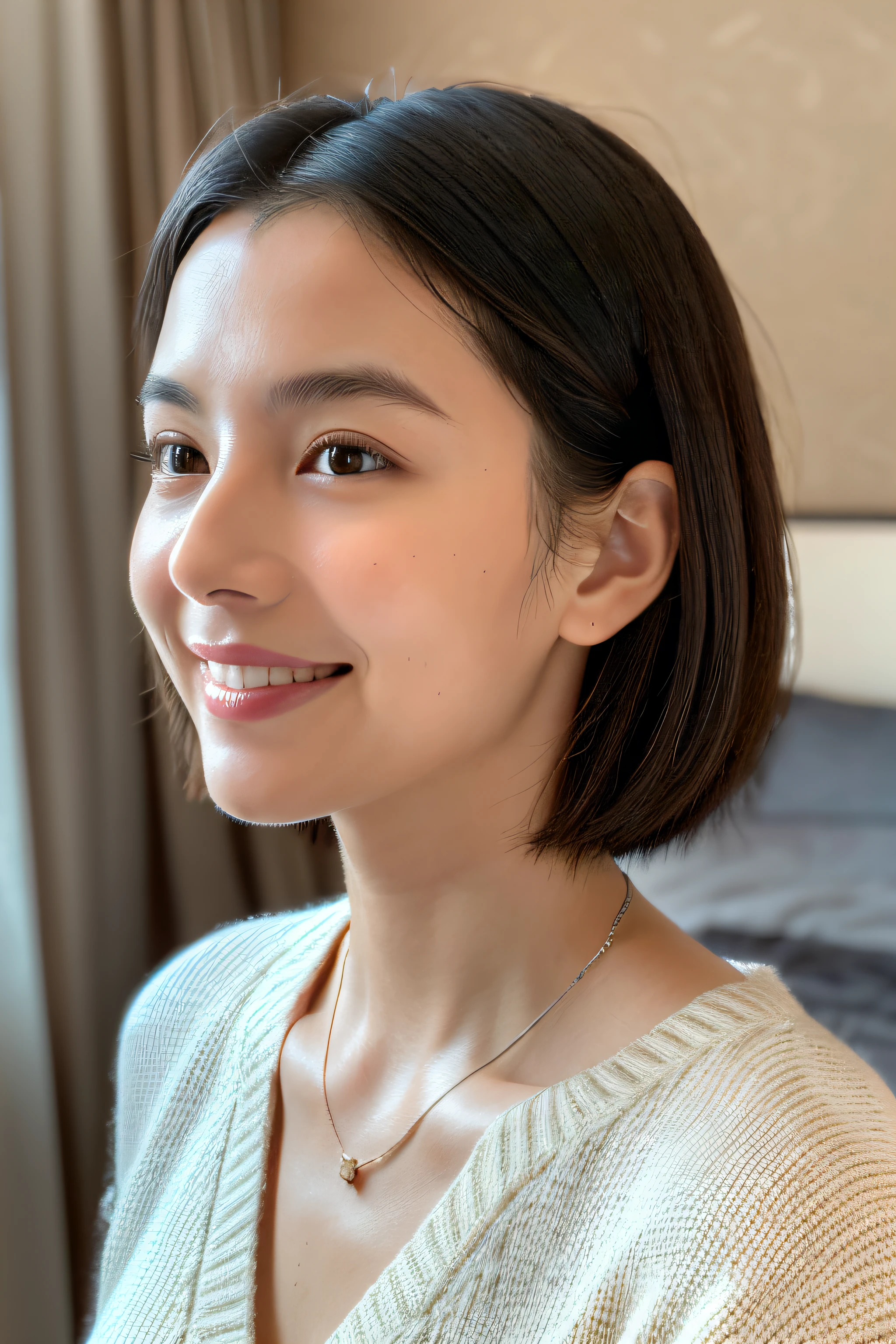 (8k, top-quality, masterpiece:1.3, Ultra-high resolution, Surrealism), High Detail, ((The face looks like real)), Photorealistic, original photo, ((A beautiful woman)), 28 years old, Delicate face, beautiful eyes, Realistic eyes, The eye details are exquisite, (Real skin), Beautiful Skin, Tempting, Depth of Field, high resolution, High pixel count, Clear details, Clear photos, Natural color reproduction, Noise Reduction, High fidelity, quality, Software updates, optimization, Luxury hotel room, Casual Clothes, sweater, Perfect body, Face perfect, Perfect breasts, Perfect Teeth, Perfect teeth arrangement, tiny , Ears are visible, Look away, Natural perspective, (Don't look the audience in the eye), a smile, Smile kindly, Beautiful Skin, Tempting, Golden Ratio, (Detail production:1.2), Professional lighting, brighten face, The best light, Japanese,Japanese Girls, Photo of a cute Japanese woman, Small necklace, Thin silver necklace, Simple background, In a casual posture, Short hair swaying