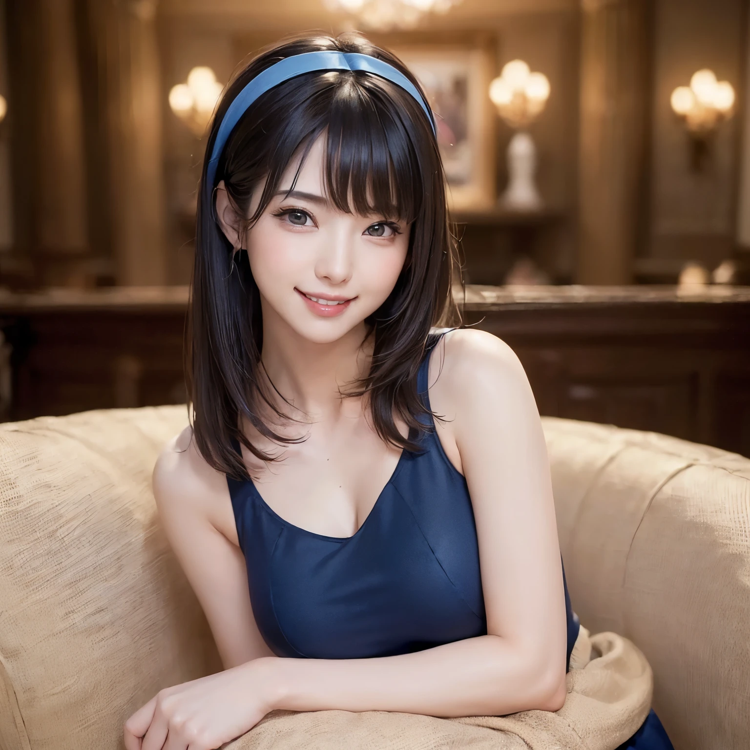 (masterpiece, highest quality、software:1.8), ((1 female:1.6)), Realistic, Realistic, Looking at the audience, lips, bangs, Mouth closed,happy smile、 Upper Body、Big eyes、eyelash、((very simple dark blue background:2、Beautiful face in symmetry))、(((bangs、Big eyes、big and full breasts、Looking at the audience、Beautiful beauty、smile、please close your mouth and smile)))、Ideal body type