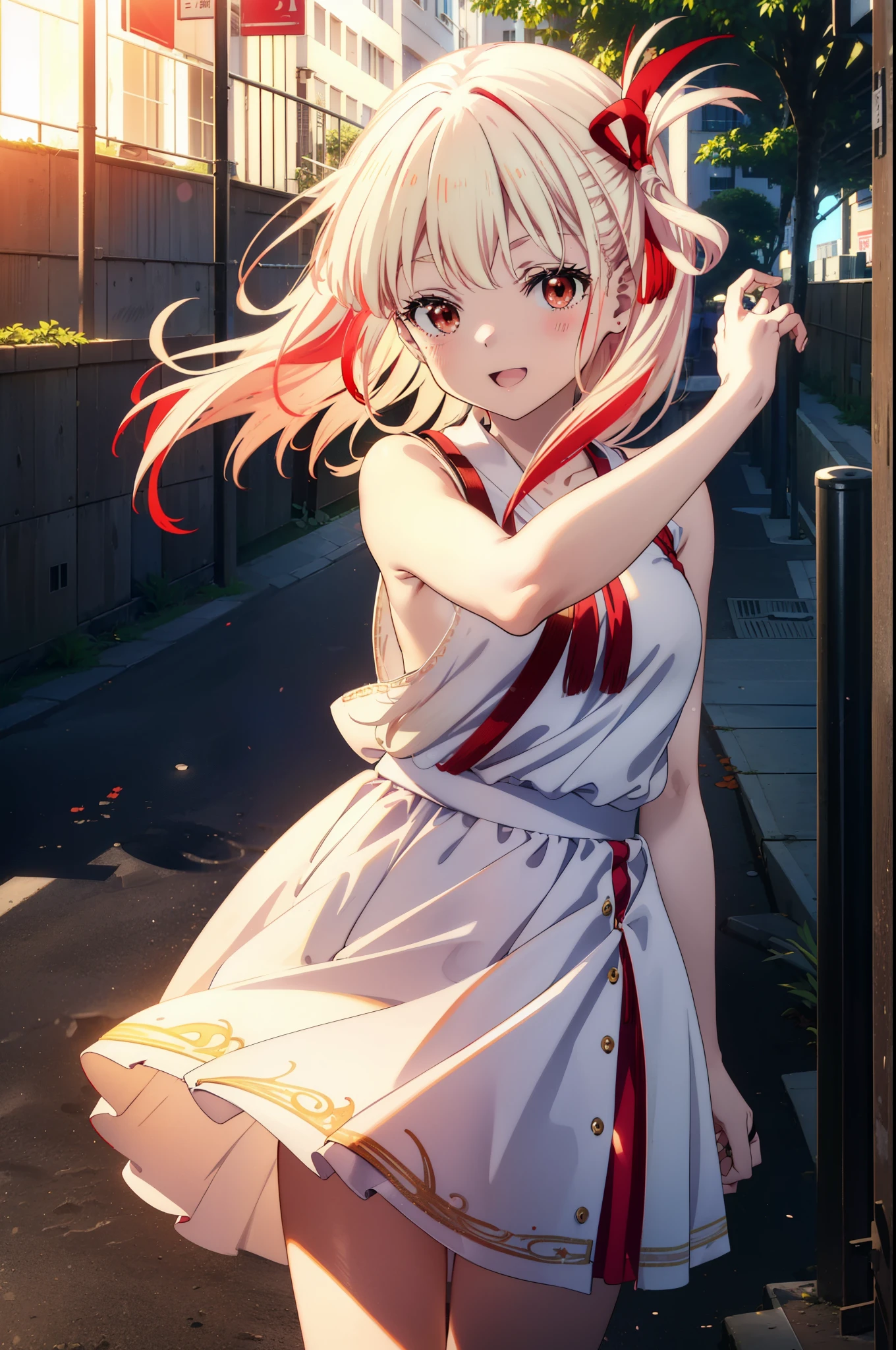chisatonishikigi, Chisato Nishikigi, Long Hair, bangs, blonde, White hat(Red eyes:1.5), Hair Ribbon, One side up,happy smile, smile, Open your mouth,smile,blush,Red sleeveless dress,White long skirt,Bare arms,Rocket Pendant,Cute Sandals,real summer,sunny,It's as if your whole body is in the illustration., break outdoors, Coastal Road, break looking at viewer, (Cowboy Shot:1.5), break (masterpiece:1.2), highest quality, High resolution, unity 8k wallpaper, (shape:0.8), (Beautiful details:1.6), Highly detailed face, Perfect lighting, Highly detailed CG, (Perfect hands, Perfect Anatomy),