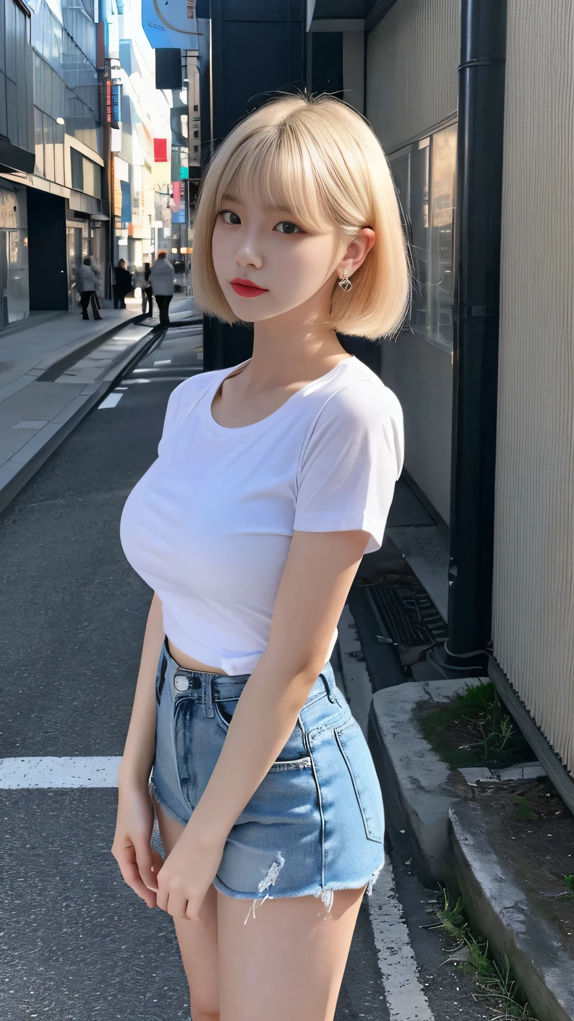 (最high quality), high quality, Very High resolution, (Super detailed), 8k, (Ultra-realistic),Ray Tracing, cyber punk, masterpiece, shape, Photorealistic, wonderful, finely, Very detailed, High resolution, Very detailed, unity 8k wallpaper, Full body shot of a beautiful young woman with Korean-style features resembling a popular actress, White T-shirt, skirt, Knee-high, White sneakers, Very small breasts, thin, She has pink and bluish eyeshadow, bangs, blonde, short hair, head, and arms. Standing and looking at me, Tokyo, Narrow Road, Uses Ray Tracing and Volumetric Lighting. Narrow eyes, Long and narrow eye shape, Three white eyes, Confident expression, Evil look, Very slender and beautiful legs, Beautiful and thin thighs, Earrings,