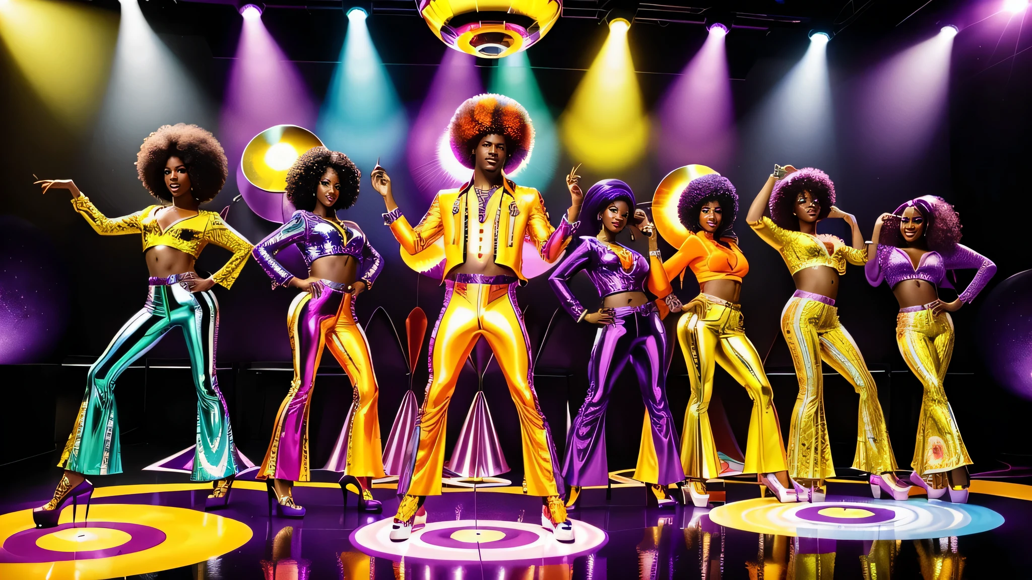 Funky illustration (60s Soul Disco), deep purple and orange gradation,Geometric patterns (circles, triangles, wavy lines, etc.),Shiny materials (vinyl, satin, etc.),men and women dancing,Flashy clothing (bell bottoms, platform shoes, Afro hair, etc.),Cheerful and energetic look,big mirror ball,colorful lighting smoke,musical notes and records,funky and soulful,energetic and fun,60's vibe,Bright, vibrant colors (orange, yellow, green, purple, etc.),black and white contrast,shiny material,Soft materials like velor or satin,Large titles (e.g. "Soul Disco Party"),artist's signature