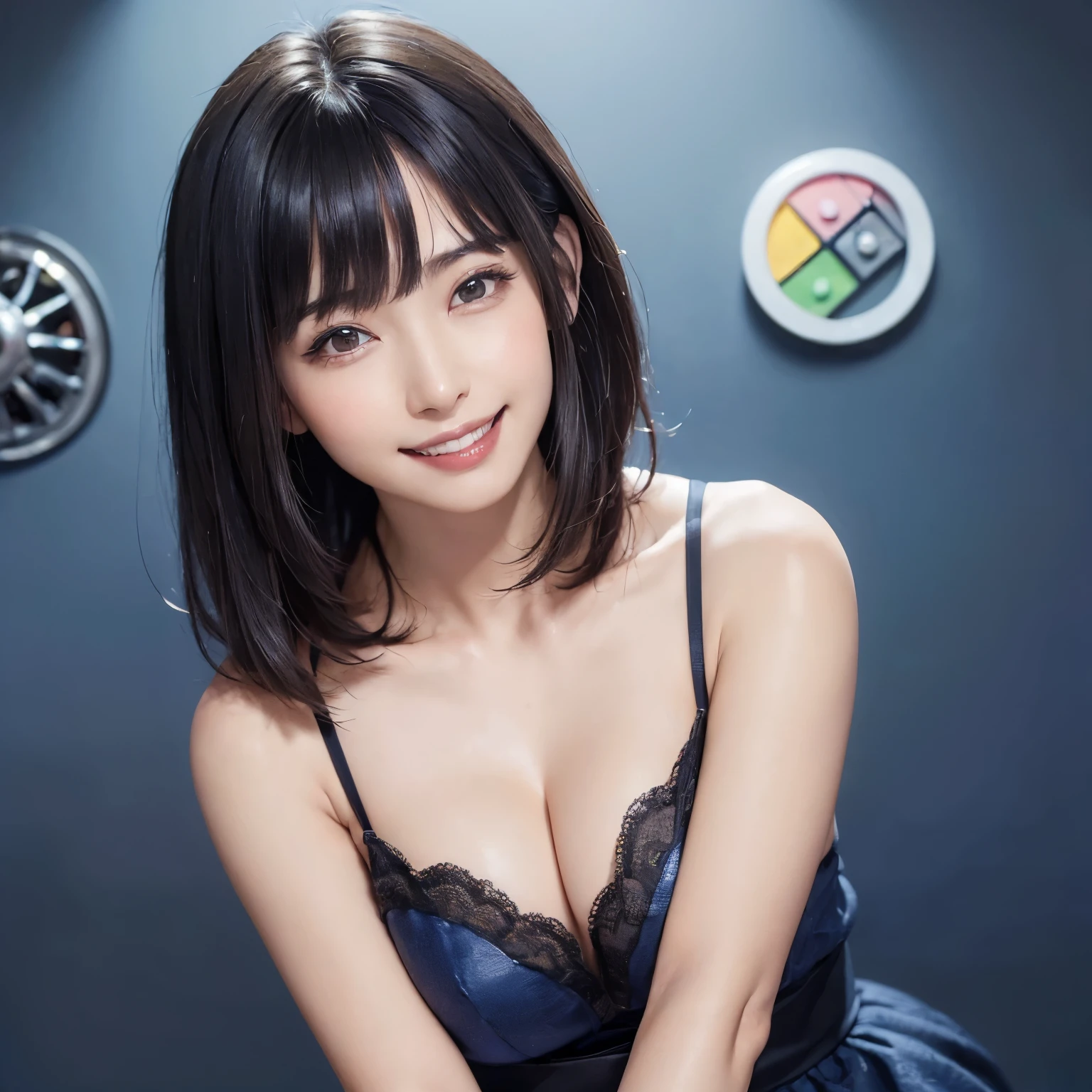 (masterpiece, highest quality、software:1.8), ((1 female:1.6)), Realistic, Realistic, Looking at the audience, lips, bangs, Mouth closed,happy smile、 Upper Body、Big eyes、eyelash、((very simple dark blue background:2、Beautiful face in symmetry))、(((bangs、Big eyes、big and full breasts、Looking at the audience、Beautiful beauty、smile、please close your mouth and smile)))、Ideal body type