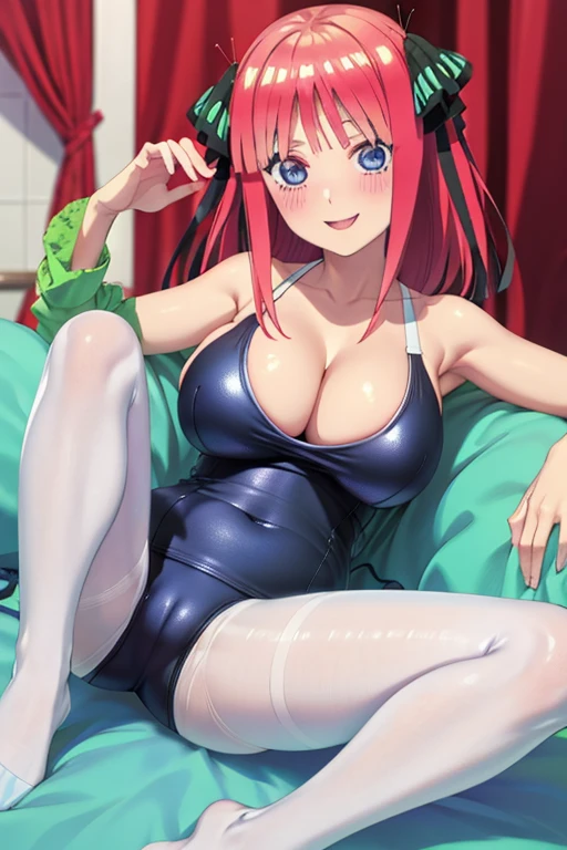 best quality, ultra-detailed masterpiece, anime art style, cute characters, nino nakano, one-piece swimsuit, large breasts, pantyhose, blush, smile, open legs