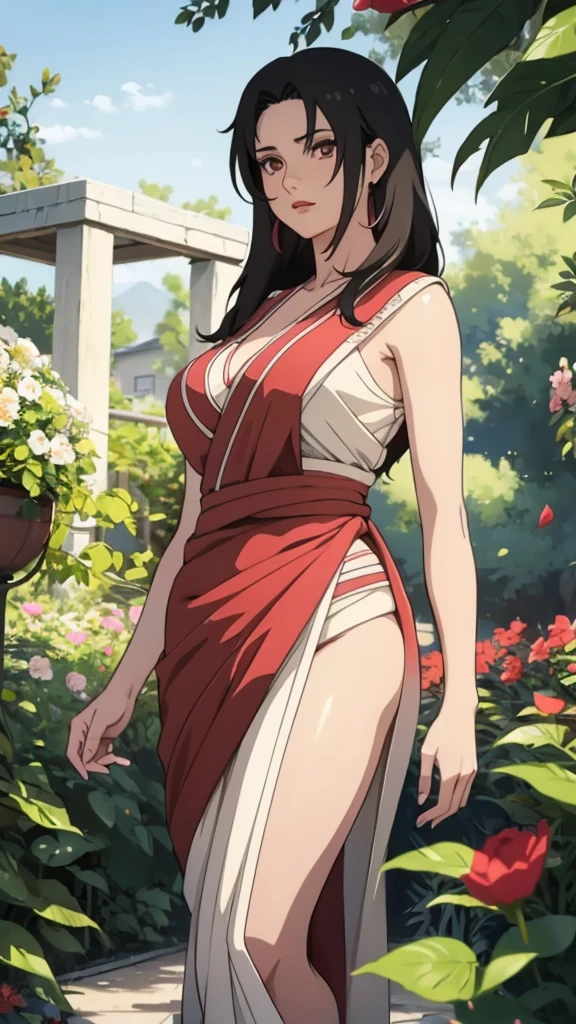 masterpiece, absurdres, kurenai yuhi\(naruto\), 1girl, solo,mature female, wearing indian saree, saree has blouse sleeveless,white saree, red dupatta and red pallu, looking at viewelling petals), perfect composition, detailed lips, big breast, beautiful face, body proportion, blush, (pink lips), long black hair, bangs, red-eyed, soft gaze, super realistic, detailed, photoshoot, realistic face and body, full body picture, standing in the middle of a flower garden