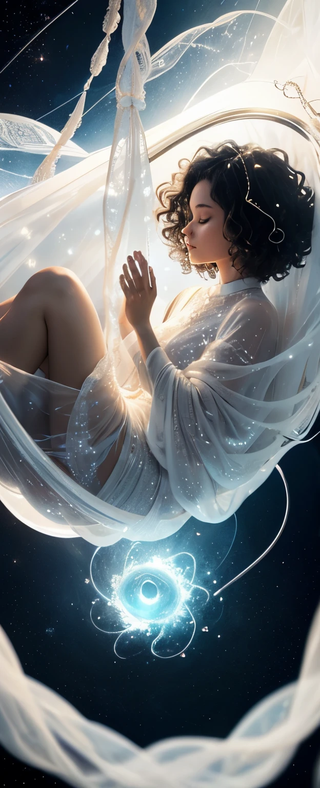 Cosmic Cocoon A woman with short, curly hair, dressed in a flowing white dress with shimmering threads, meditates within a translucent pod filled with swirling nebula gas. The pod acts as a protective cocoon, allowing her to connect with the universe while maintaining a sense of peace and safety.