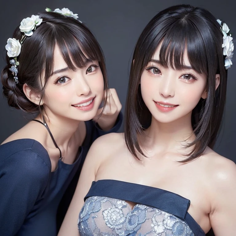 (masterpiece, highest quality、software:1.8), ((1 female:1.6)), Realistic, Realistic, Looking at the audience, lips, bangs, Mouth closed,happy smile、 Upper Body、Big eyes、eyelash、((very simple dark blue background:2、Beautiful face in symmetry))、(((bangs、Big eyes、big and full breasts、Looking at the audience、Beautiful beauty、smile、please close your mouth and smile)))、Ideal body type