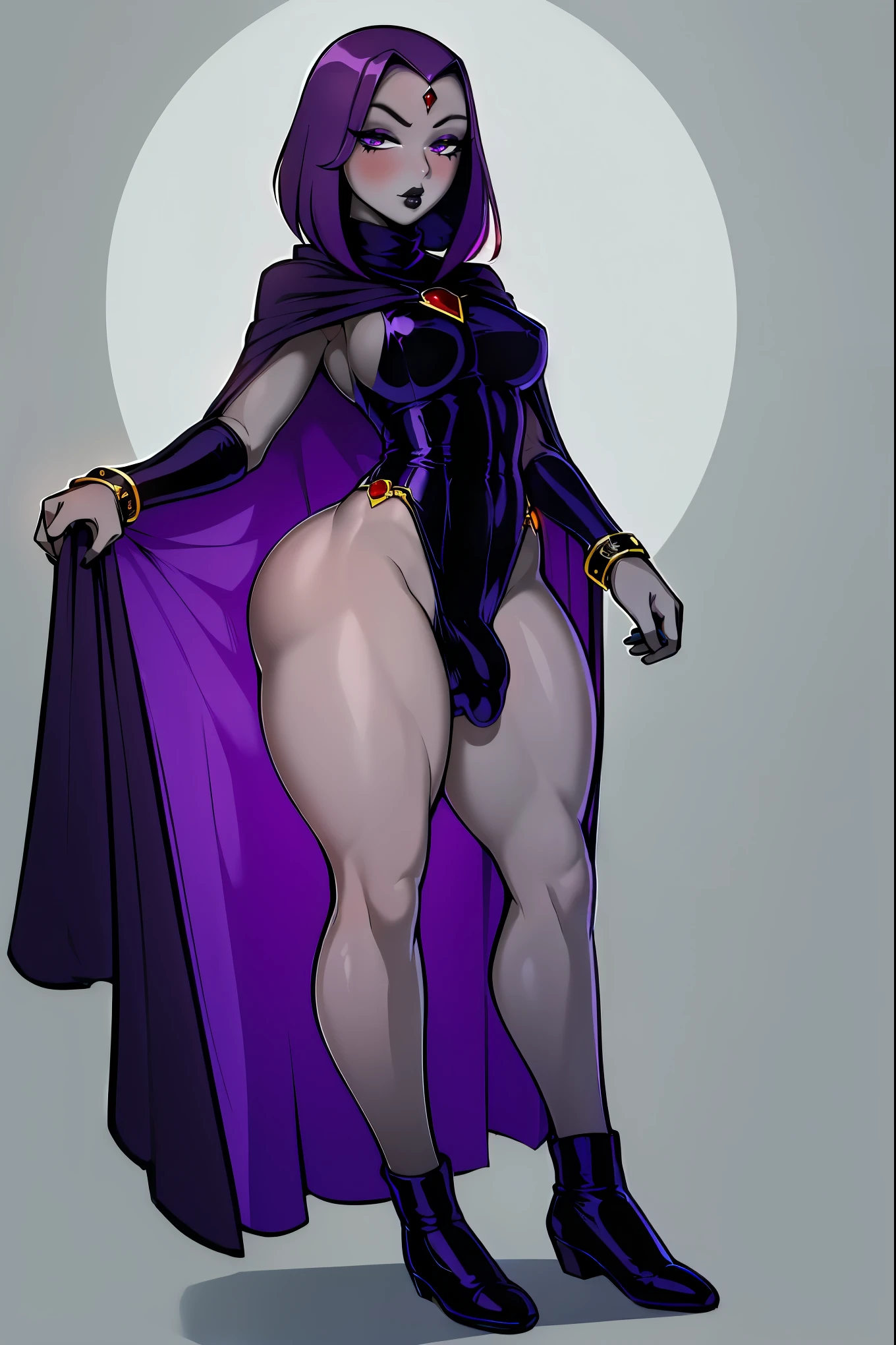 (solo:1.1),(masterpiece), (best quality:1.3), ultra detailed, intricate, professional art, digital art, absurdres, shadraven, (Full body view:1.1), 1girl, solo, (grey skin:1.4), dark purple hair, bob hair, purple eyes, hips wider than shoulders, pear shaped body, jewellery, detailed thighs, thick thighs, red jewel in forehead, jewels, (long sleeved turtleneck leotard:1.3), cuffs, small breasts, (shadraven cloak), (Shadraven broach:1.2), Shadraven jewel belt, Shadraven wearing a long sleeved leotard outside at night, long legs, ( long crotch bulge:1.4), large penis, large testicles, erection under clothes, side angle view, looking at viewer, bubble butt , gluteal crease, universal lighting,,
