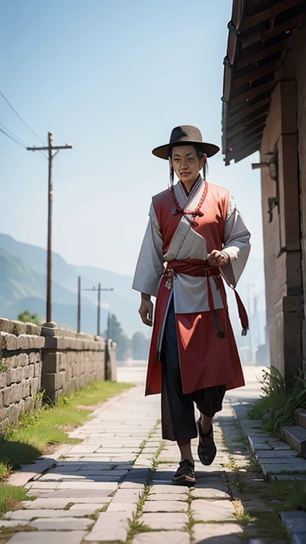 Ancient Chinese man walking alone